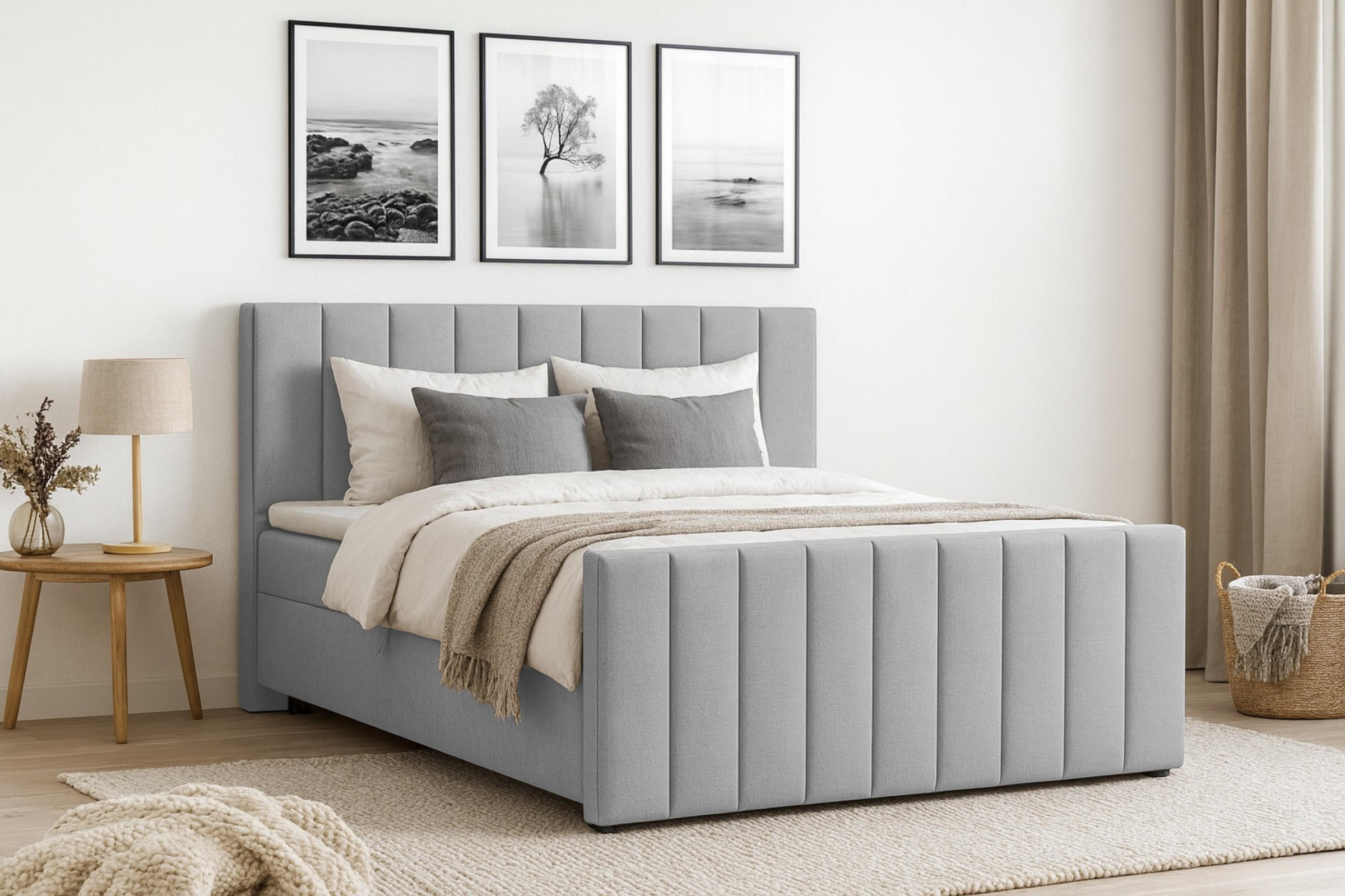 BOXBETT FEN 180/200 Velours Hellgrau mit Bonell-Federkernmatratzen H3 - Hellgrau, Holz/Holzwerkstoff (180/200cm) - Deine Möbel 24