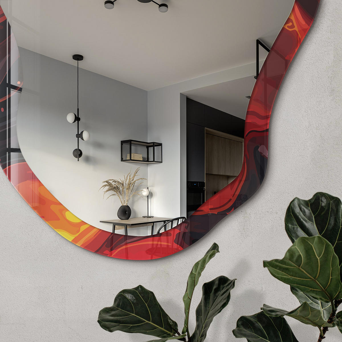 SPIEGEL 90x45 cm asymmetrisch mit Druck - Feuermagie - Transparent, Glas (45/90/0.4cm) - TULUP