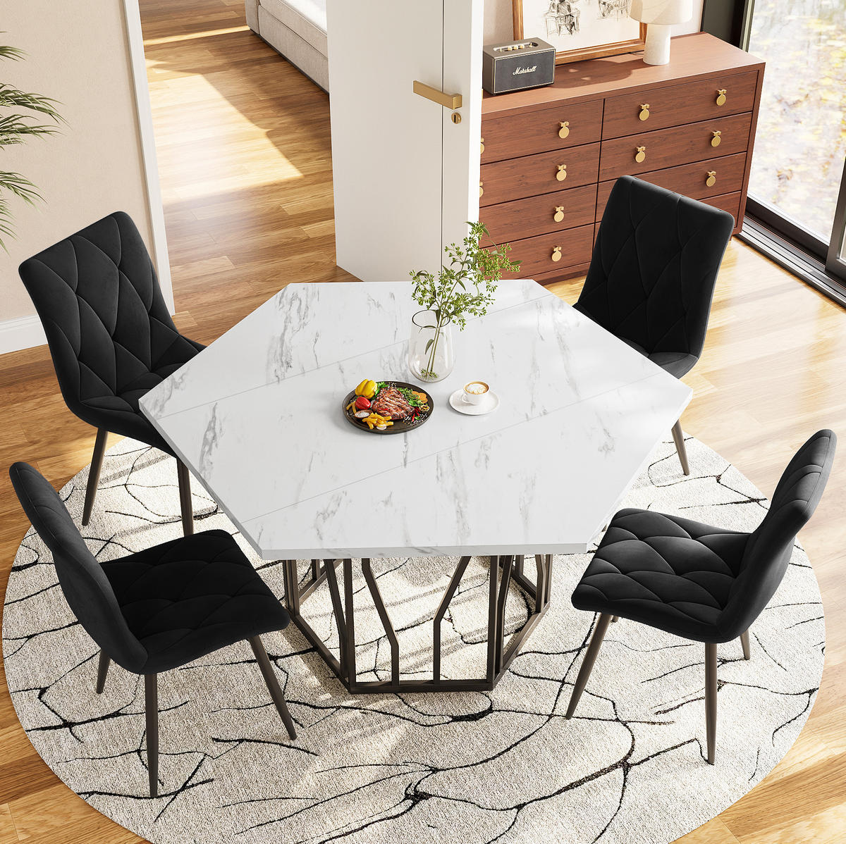 ESSTISCH 115x100x75 cm in Schwarz aus MDF mit Schwarz-Weiß Marmoroptik auf Metallgestell - Schwarz, Holzwerkstoff (100/115.5/75cm) - Modfu