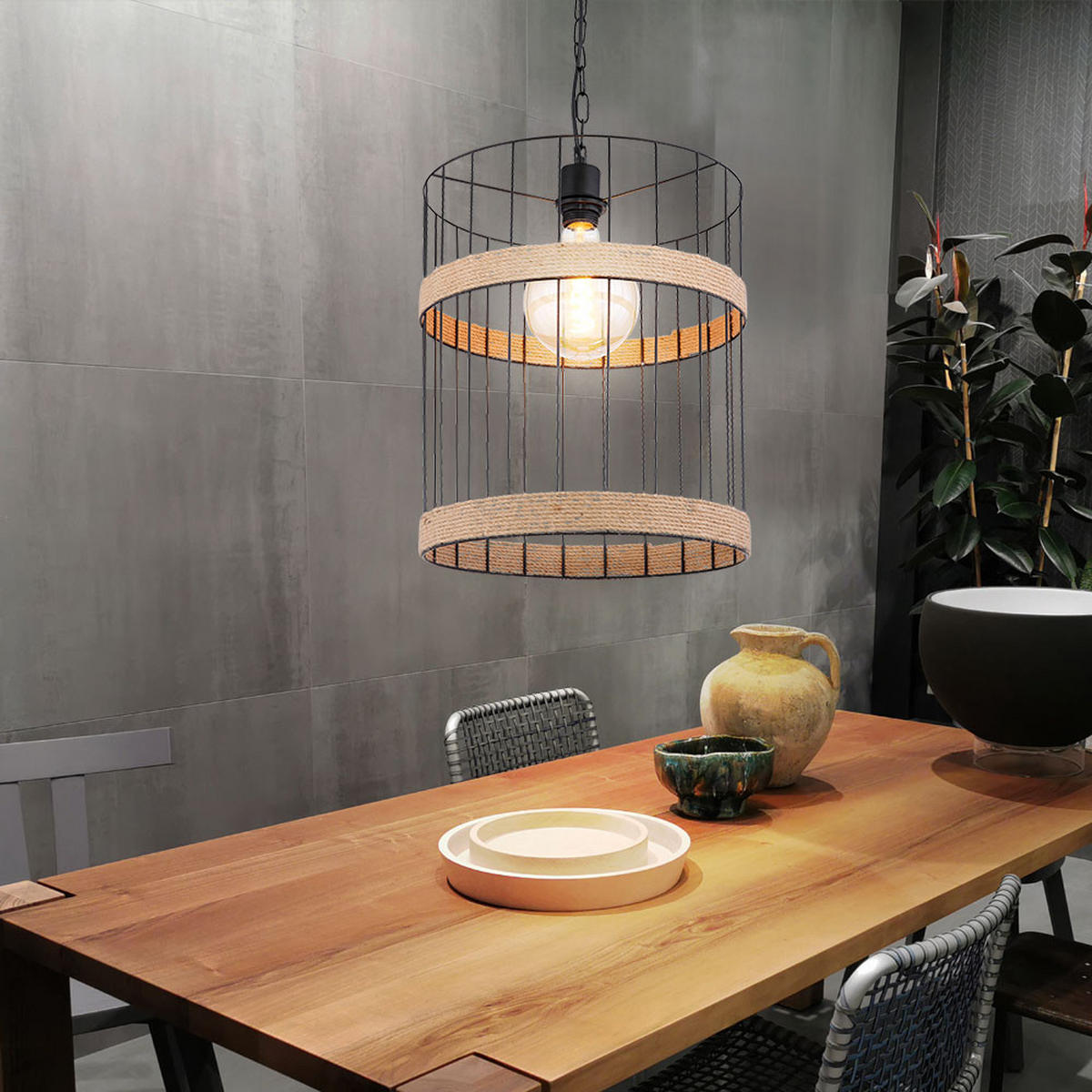 HÄNGELEUCHTE Gitteroptik Schwarz Hanfseil - Schwarz, Metall (35/35/145cm) - Globo Lighting