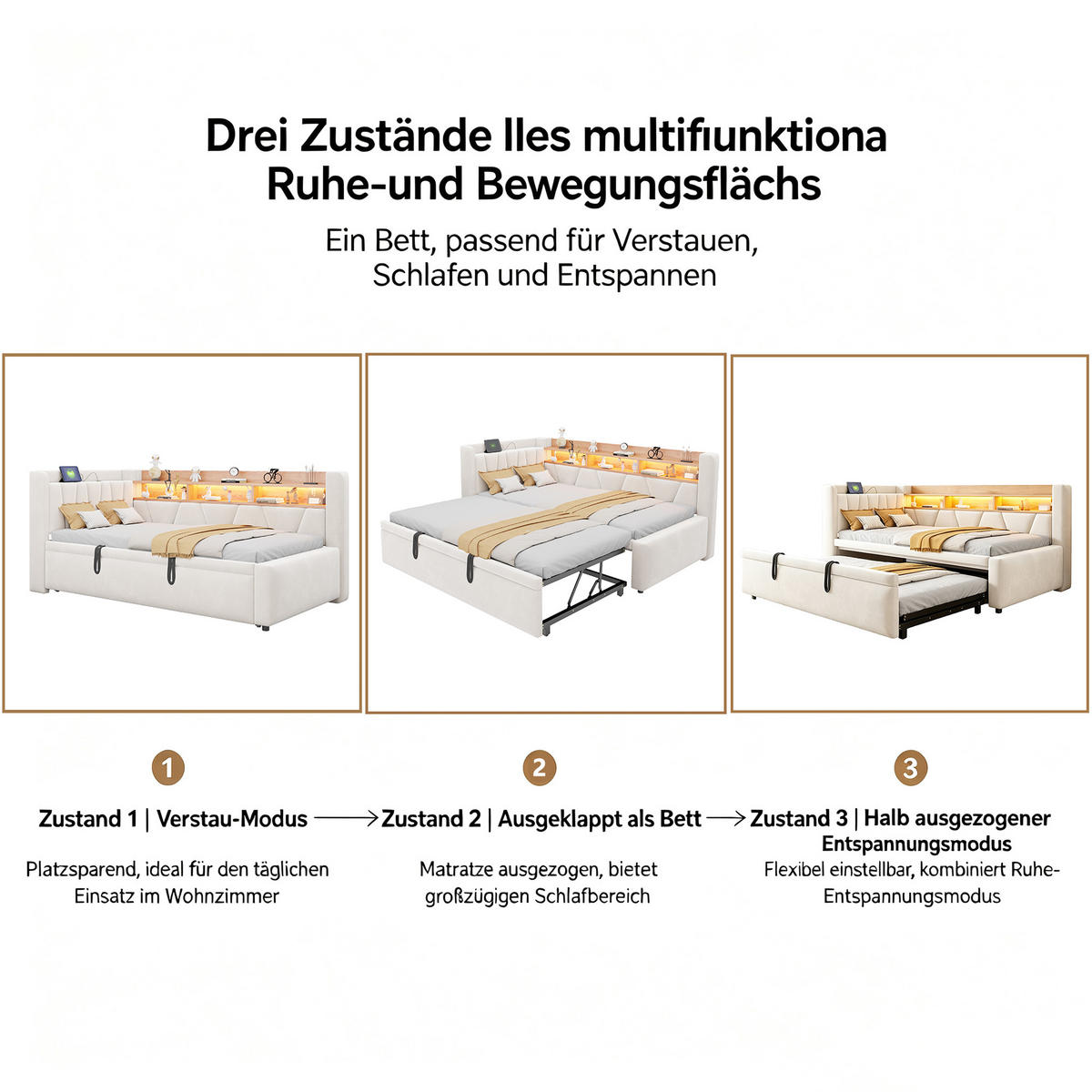 TAGESBETT 90x200/90x190 mit LED, USB/Stauraum, 3-in-1 Funktion, Samt, Beige - Beige, Holz (90/200cm) - LVHOM