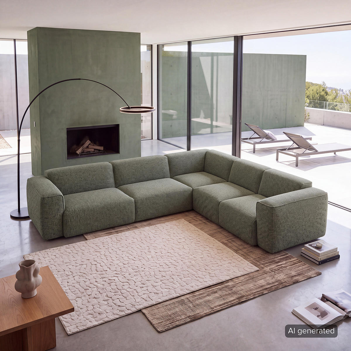 ECKSOFA mit Rundecke - Schwarz/Grün, Kunststoff/Textil (325/260cm) - home24