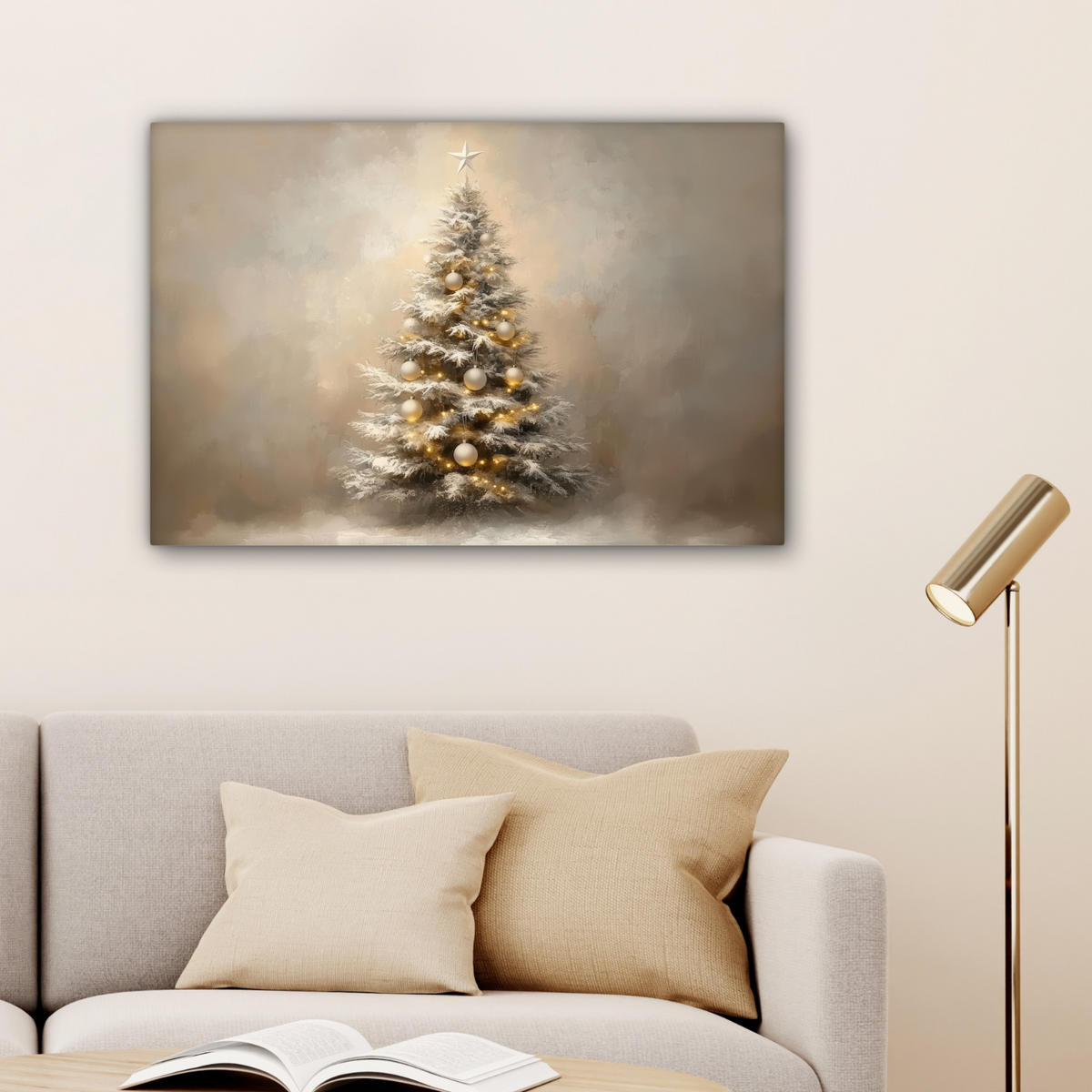 LEINWANDBILD Weihnachten - Weihnachtsbaum - Schnee - Kunst Wanddeko 90x60 cm - Champagner, Textil (90/60cm) - MuchoWow
