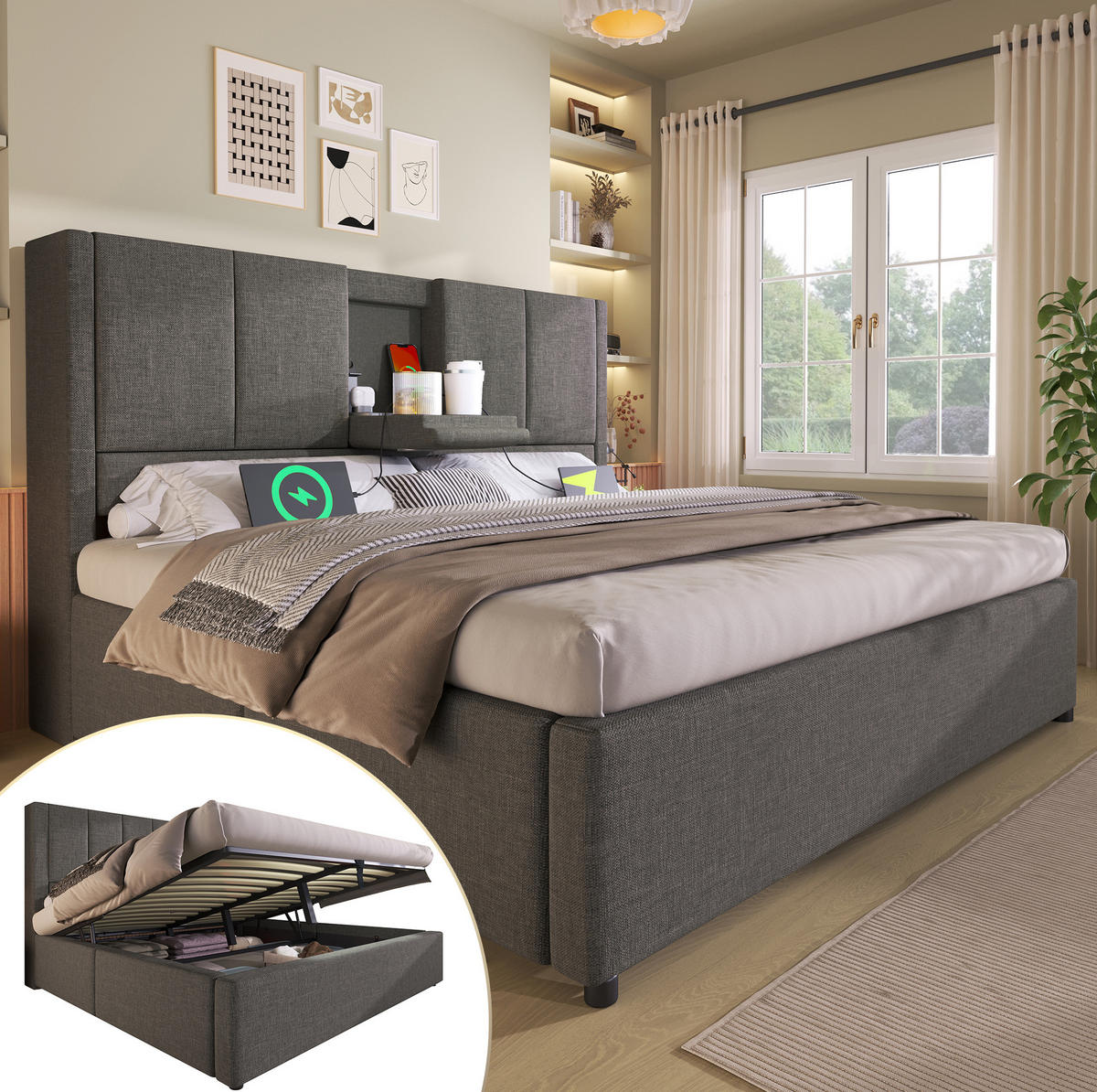 POLSTERBETT mit Stauraum & Ladestation 140x200 cm Leinen Grau - Grau, Metall (140/200cm) - Meubliv