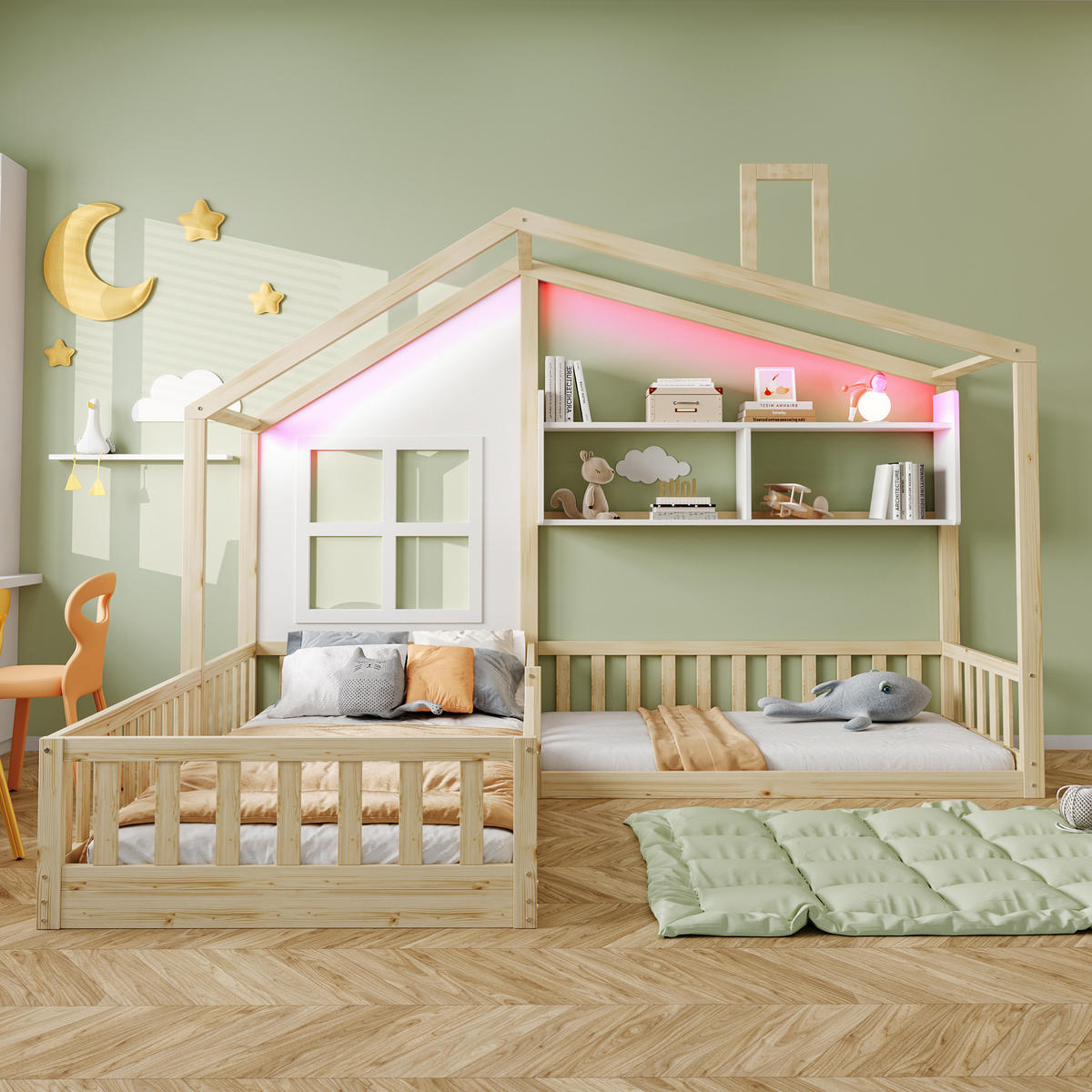 KINDERBETT 90/200 cm aus Holzwerkstoff mit LED, Regalen und Sicherheitsgitter im Hausdesign, Natur/Weiß - Naturfarben, Holzwerkstoff (90/200cm) - Redom