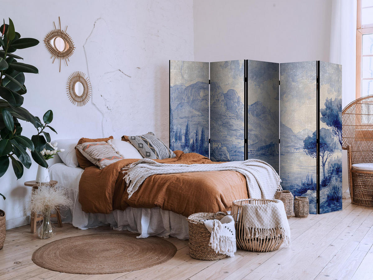 PARAVÁN Obojstranný 5-dielny 225x172 cm Komské Jazero - modrá, drevo/textil (225/172/3cm) - Muralo