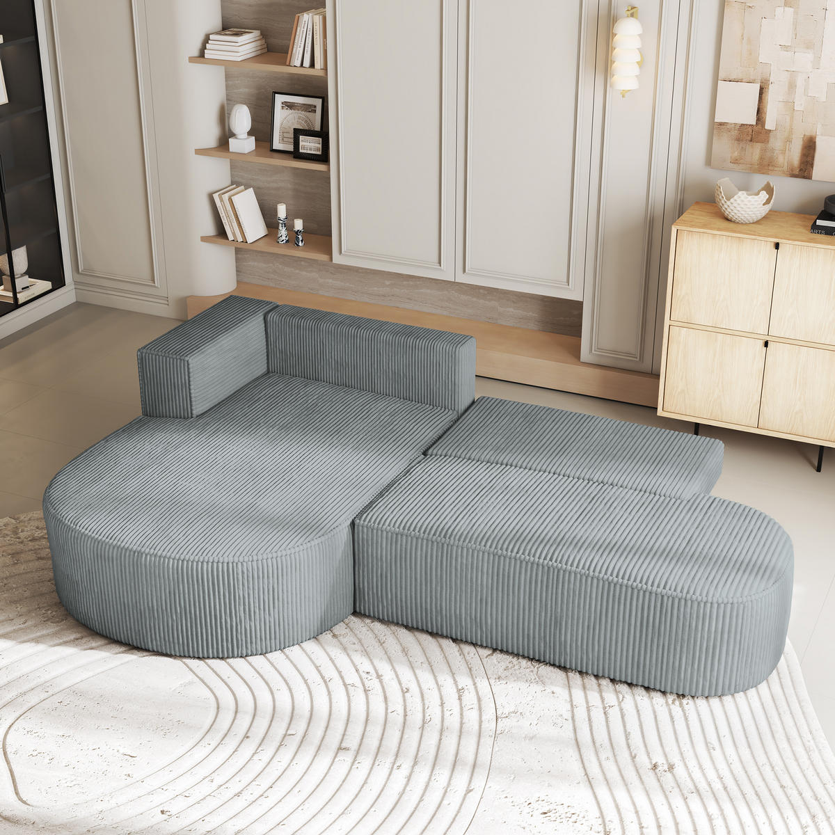 ECKSOFA CORTIO P L-S Hellgrau Kordstoff mit Schlaffunktion - Hellgrau, Holz (265/174cm) - MASSENO