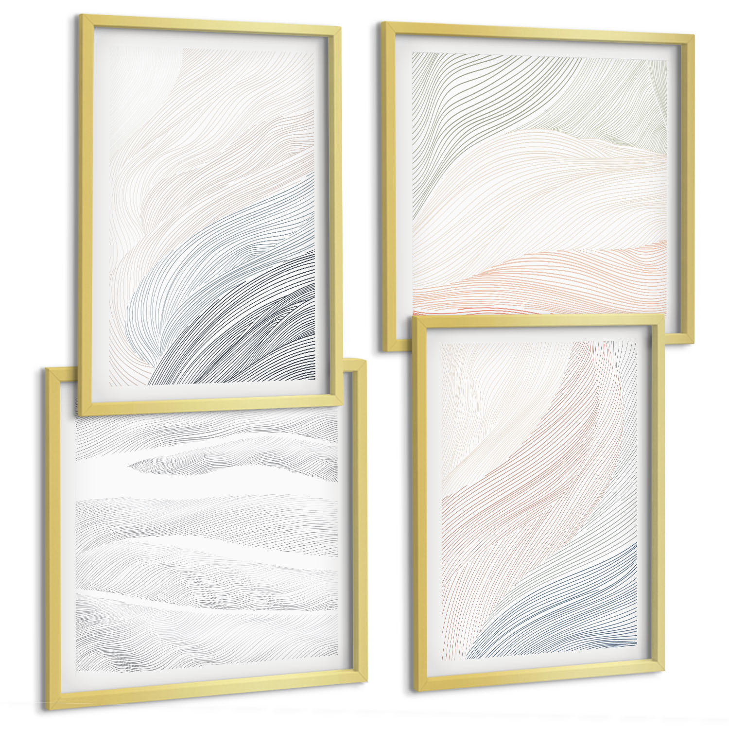 BILDER SET 4er Set - 50x50 cm & 40x60 cm Goldrahmen - Abstrakte Pastellwellen - Goldfarben, Kunststoff (50/50cm) - TULUP