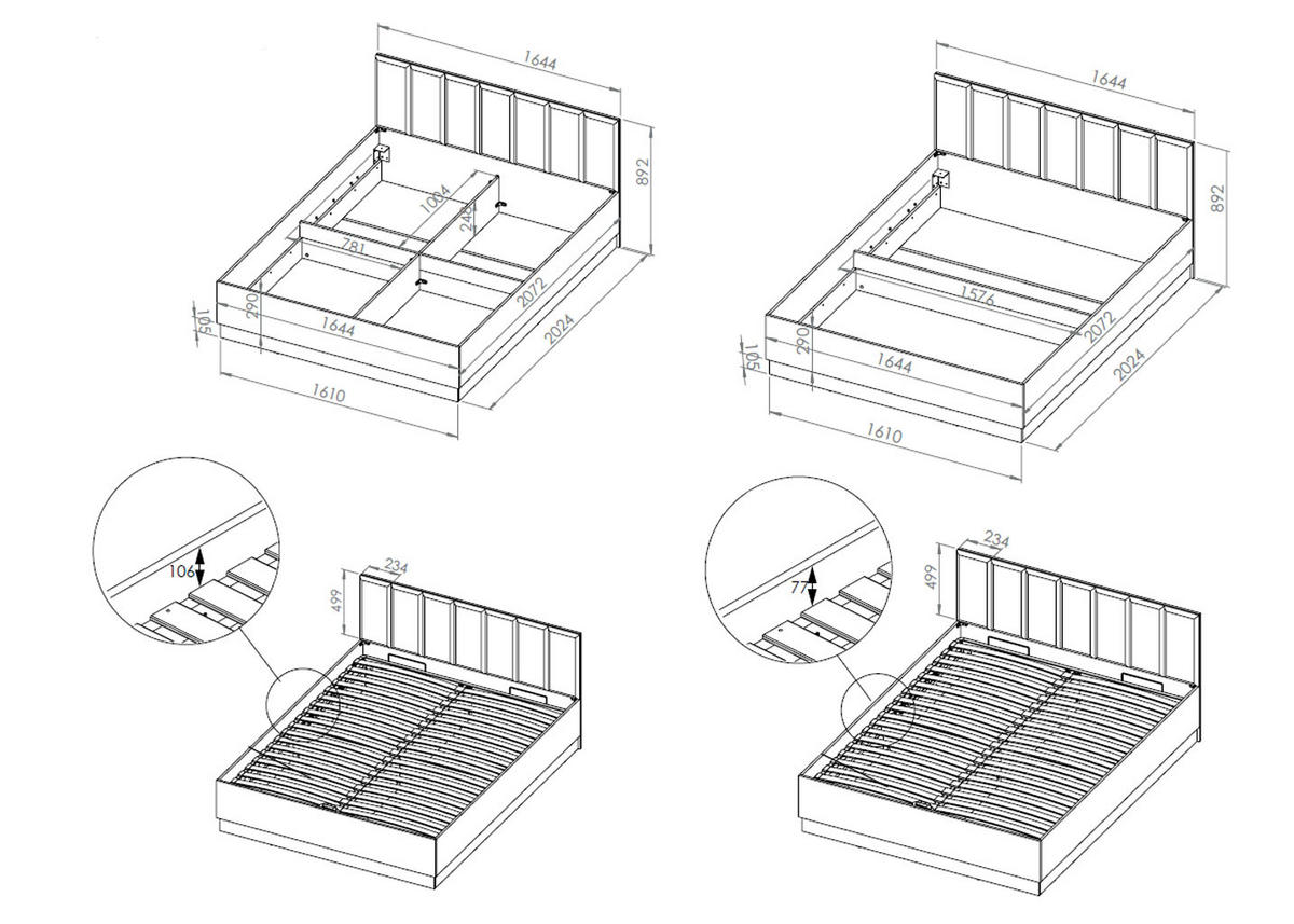 DOPPELBETT Urso Gold Craft Eiche / Schwarz 165 / 208 / 90 cm - Schwarz/Braun, Holz/Metall (160/200cm) - Feldmann-Wohnen