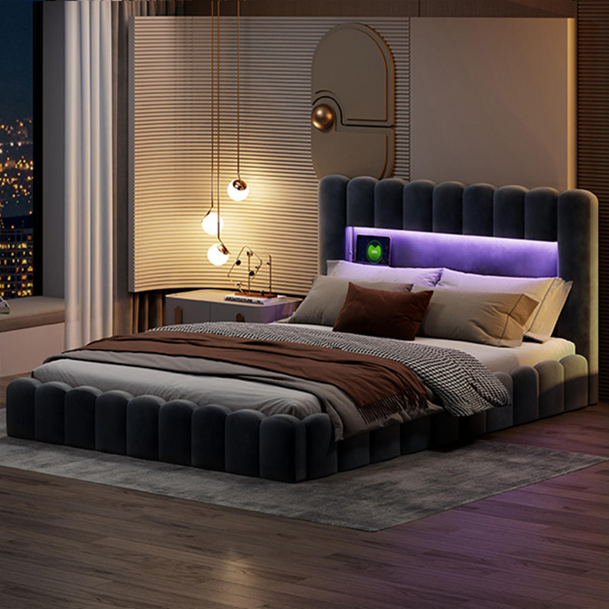 POLSTERBETT 180x200 cm Bett mit LED-Kopfteil, Polsterbett mit Stauraum, Stauraumbett, Sammet, Grau - Grau, Holzwerkstoff (180/200cm) - Novahome