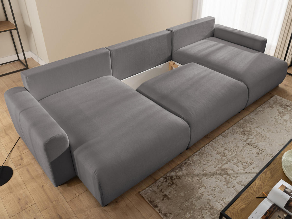 WOHNLANDSCHAFT Calma mit Schlaffunktion und Bettkasten im Bumpy-Design aus weichem Taupe Webstoff - Taupe/Schwarz, Holz/Textil (336/88/140cm) - S-Style