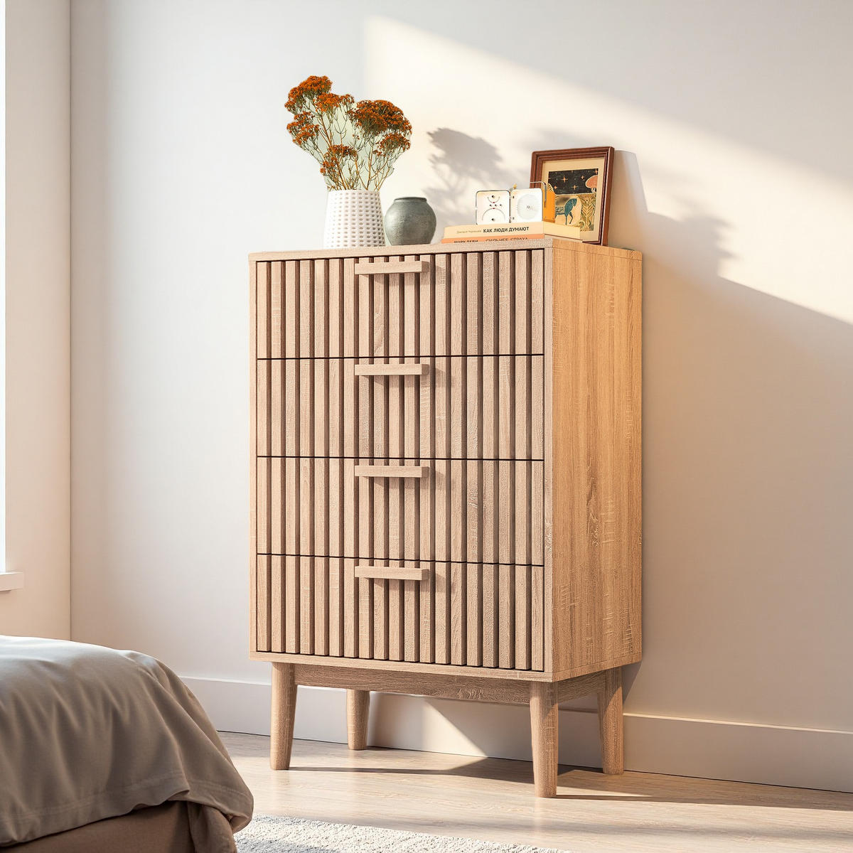 BYRÅ, naturfärgad, 4 lådor, trälook - Naturfärgad, Träbaserade material (34/91/60cm) - SHOPENTRA