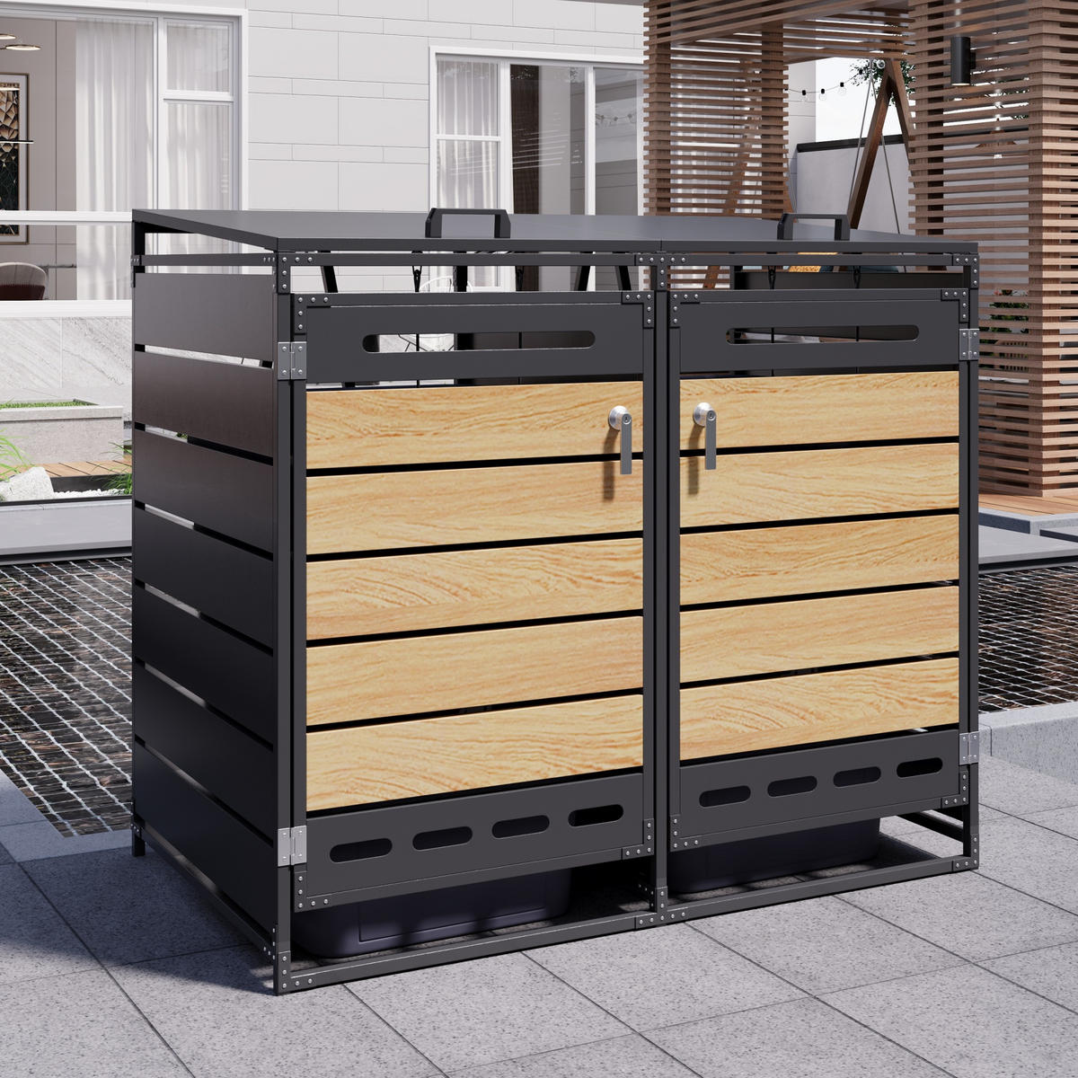 MÜLLTONNENBOX Hydraulik Deckel Holzoptik horizontal Schloss - Schwarz, Metall (131/116/79cm) - LEBENLANG