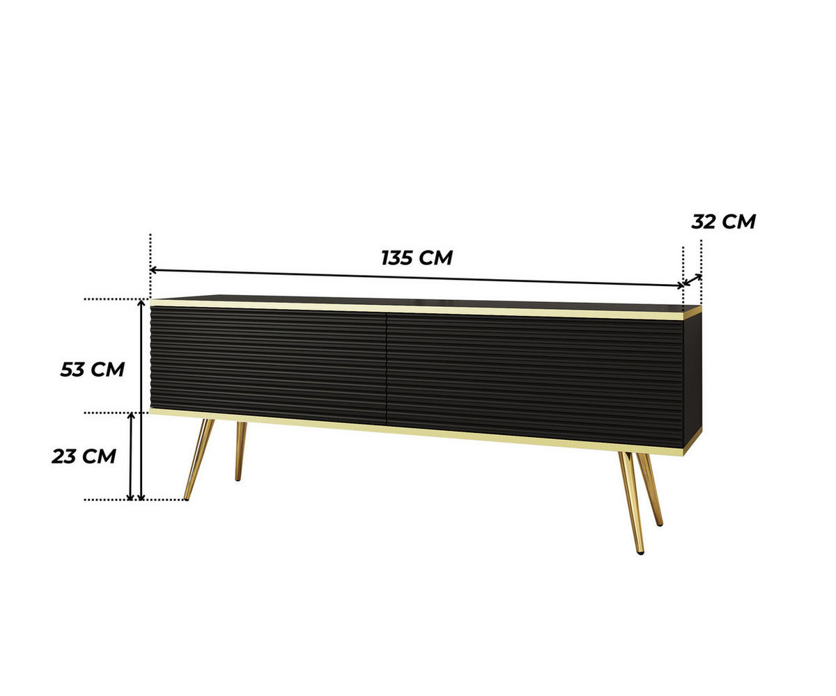 TV-BOARD FORNO (Schwarz, Rillenfront, Goldene Details, 2 Klapptüren, goldene Metallfüße, 135 cm) - Gelb/Goldfarben, Holz/Holzwerkstoff (135/53/32cm) - Ravio