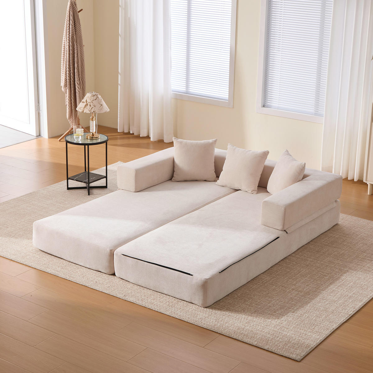 SCHLAFSOFA 198/79/60 cm Beige mit Aufbewahrungstaschen - Beige, Textil (198/60/79cm) - Oxeza