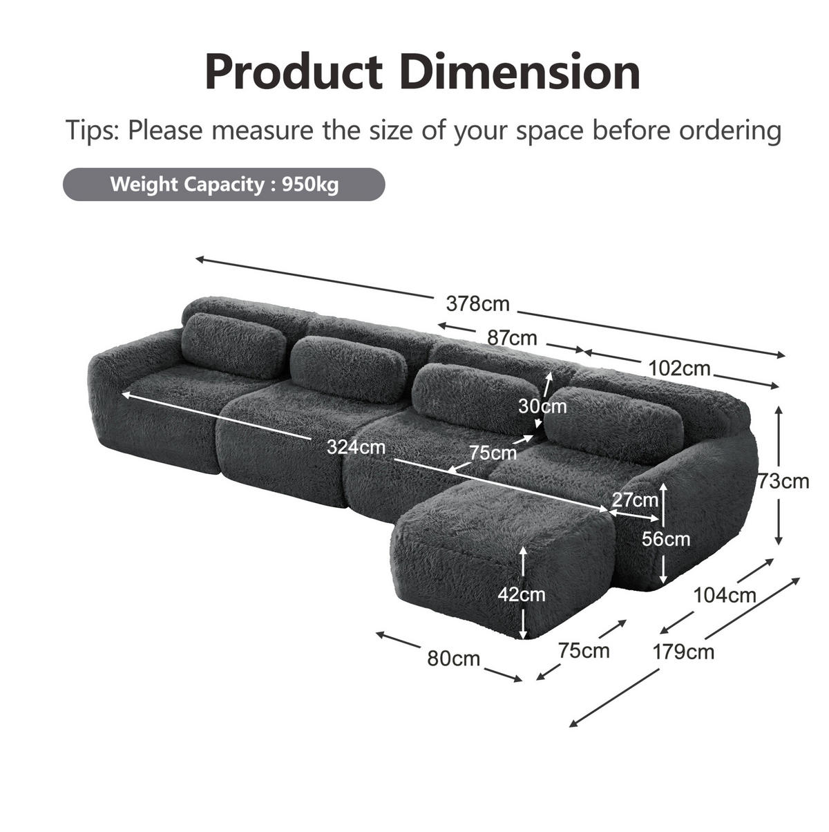 SOFA modular 4-Sitzer L-Form Plüsch Grau - Grau, Kunststoff (179/378cm) - Meubliv