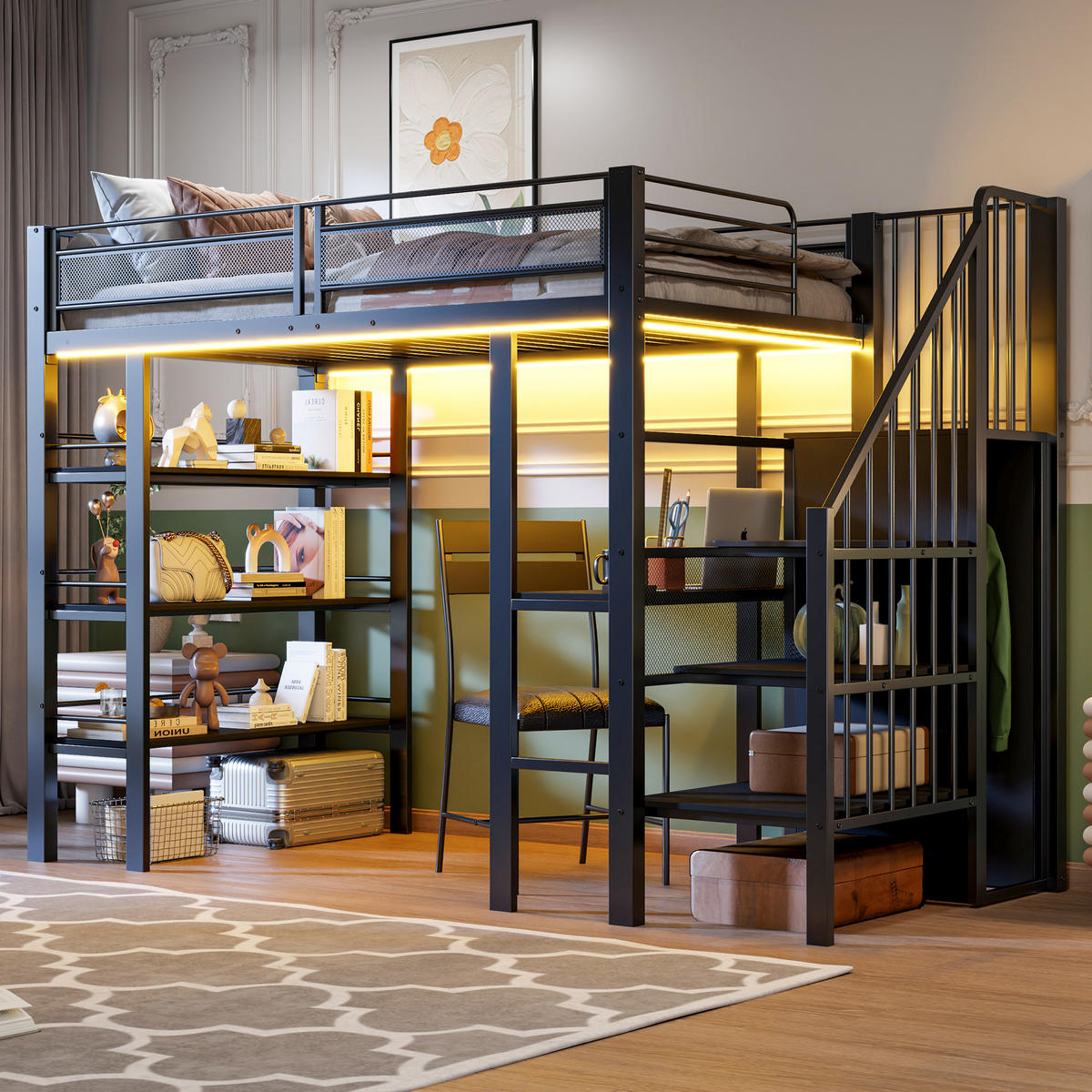 HOCHBETT 90/200 cm DE-01186, in Schwarz, mit LED, Regal und Schreibtisch - Schwarz, Metall (90/200cm) - ComfortXL