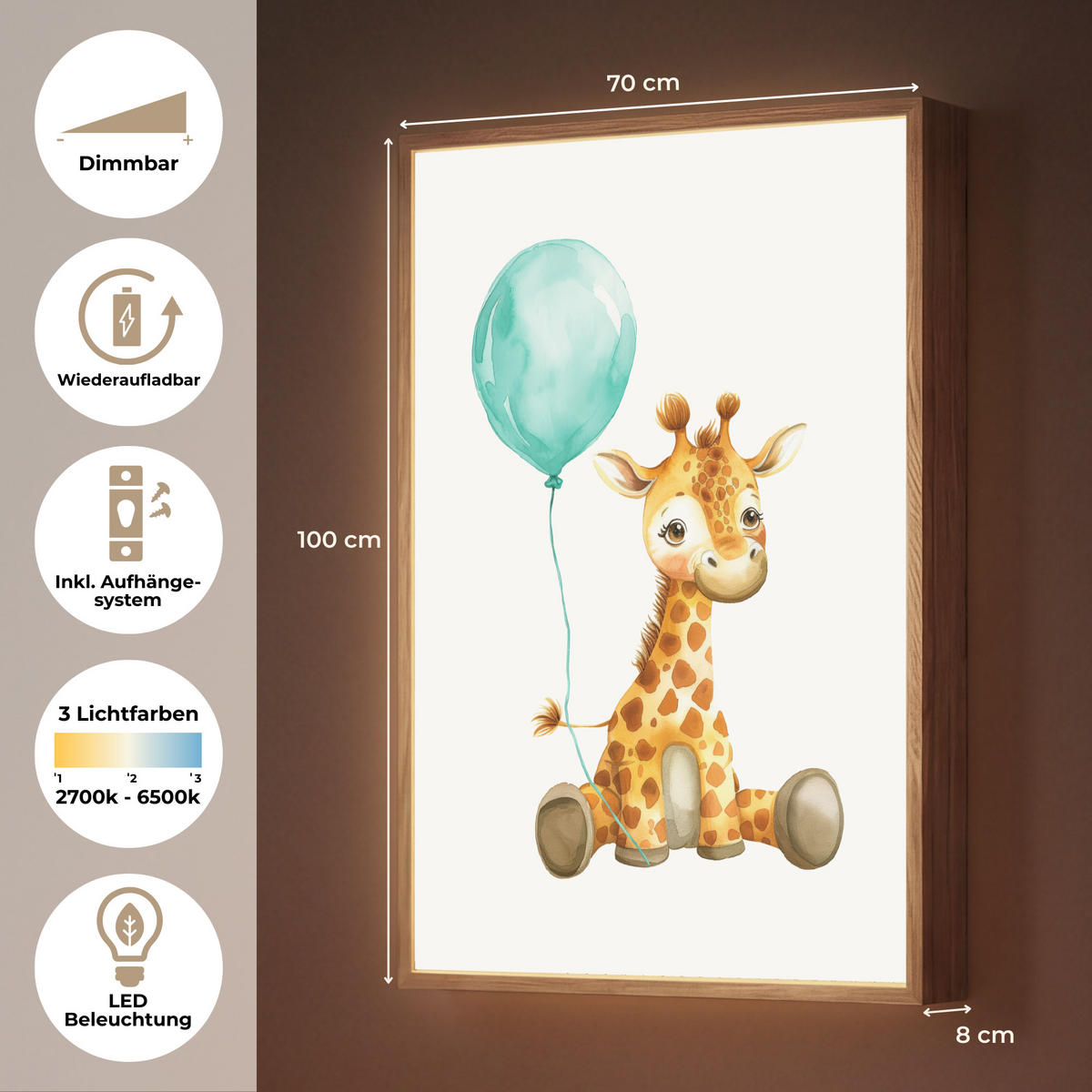 NACHTTISCHLAMPE MIT AKKU Giraffe - Baby - Tiere - Blauer Ballon 70x100 cm - Weiß, Holzwerkstoff (8/70/100cm) - OnlyWow