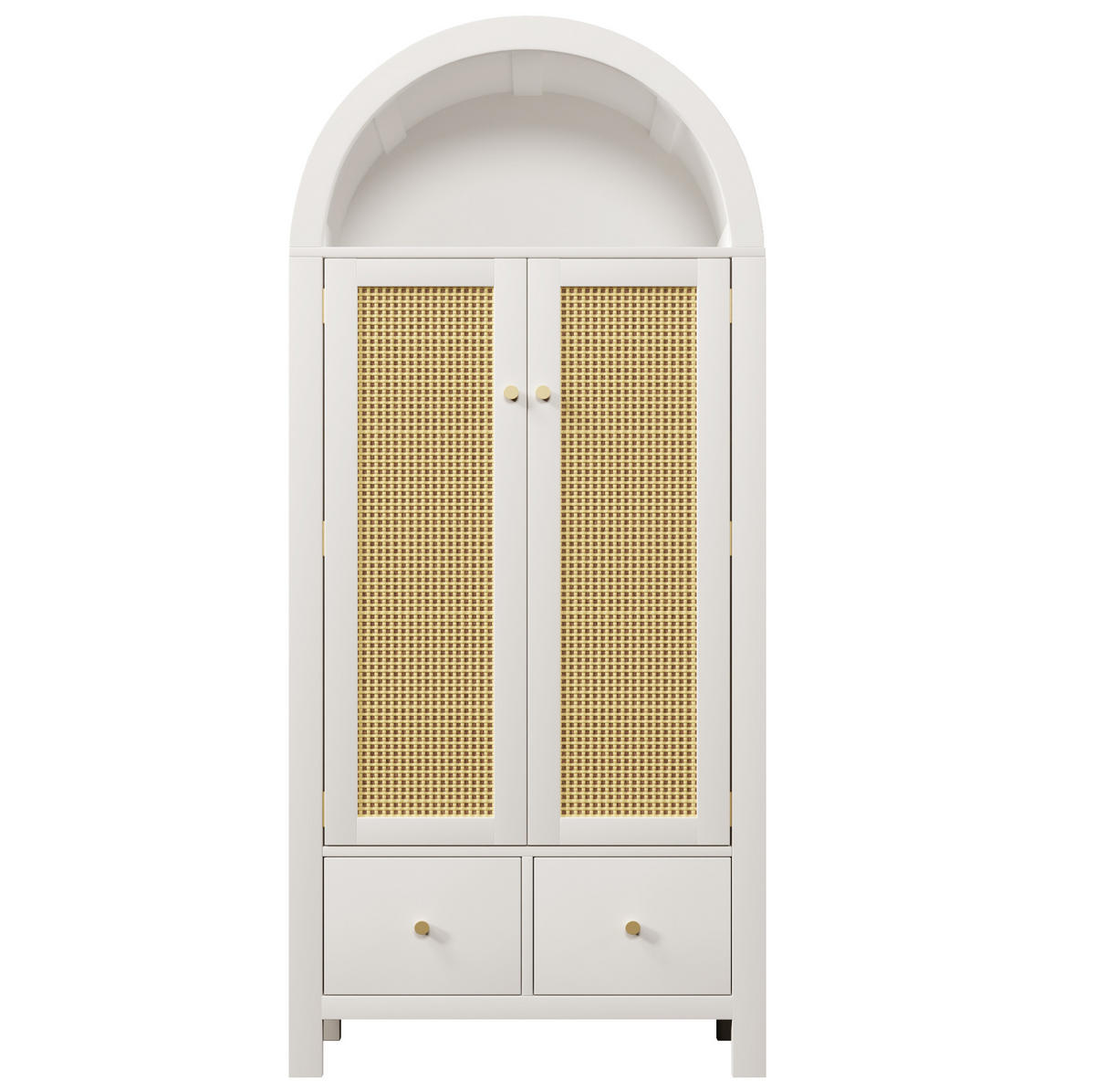 KLEIDERSCHRANK aus Holz 45x78x181 cm Weiß mit Rattangeflecht, 2 Türen, 2 Schubladen und Kleiderstange - Weiß, Holzwerkstoff (78/181/45cm) - Modfu
