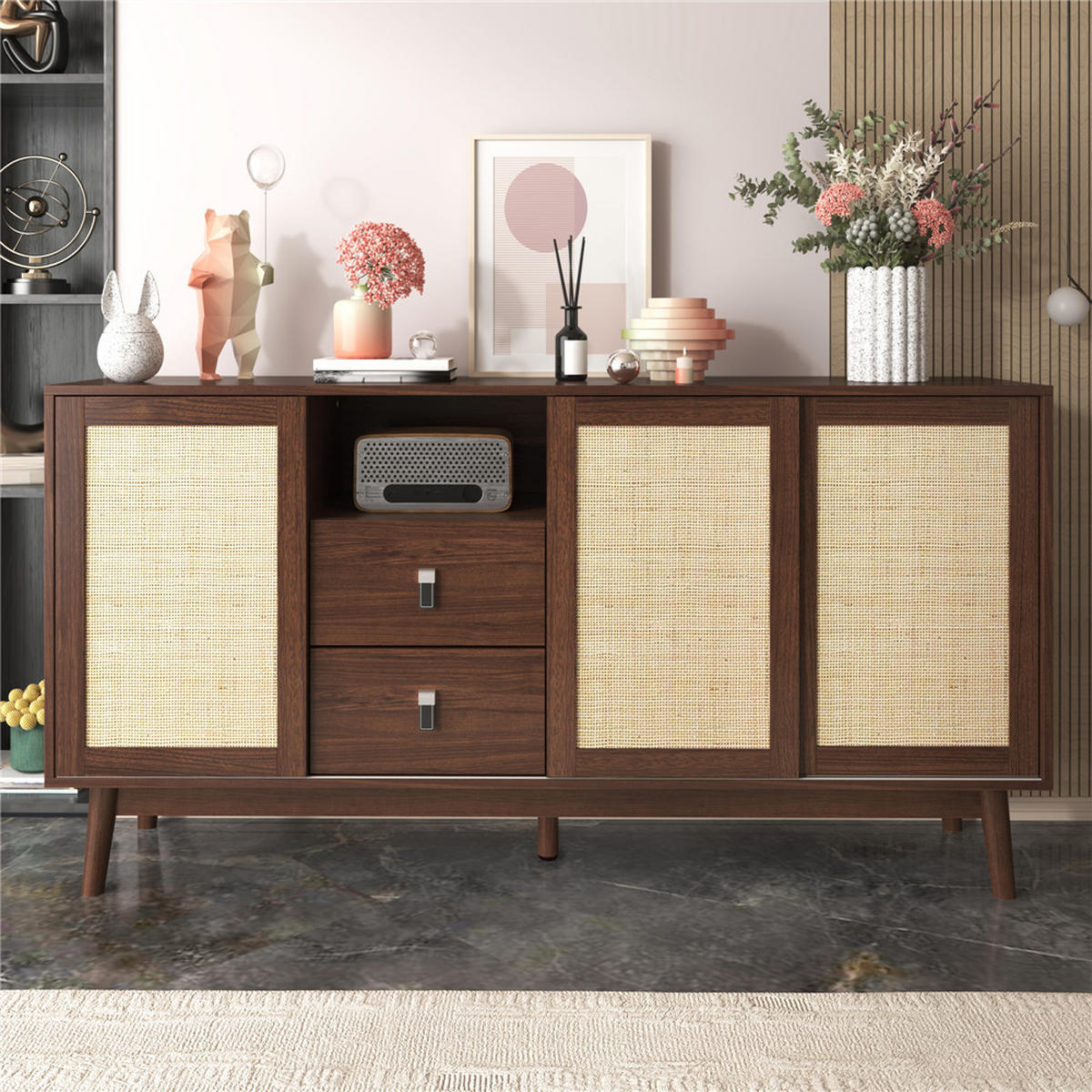 SIDEBOARD Walnussfarbe 155/80/38 cm mit 3 Schiebetüren 2 Schubladen - Walnussfarben, Holz (155/80/38cm) - Kaket