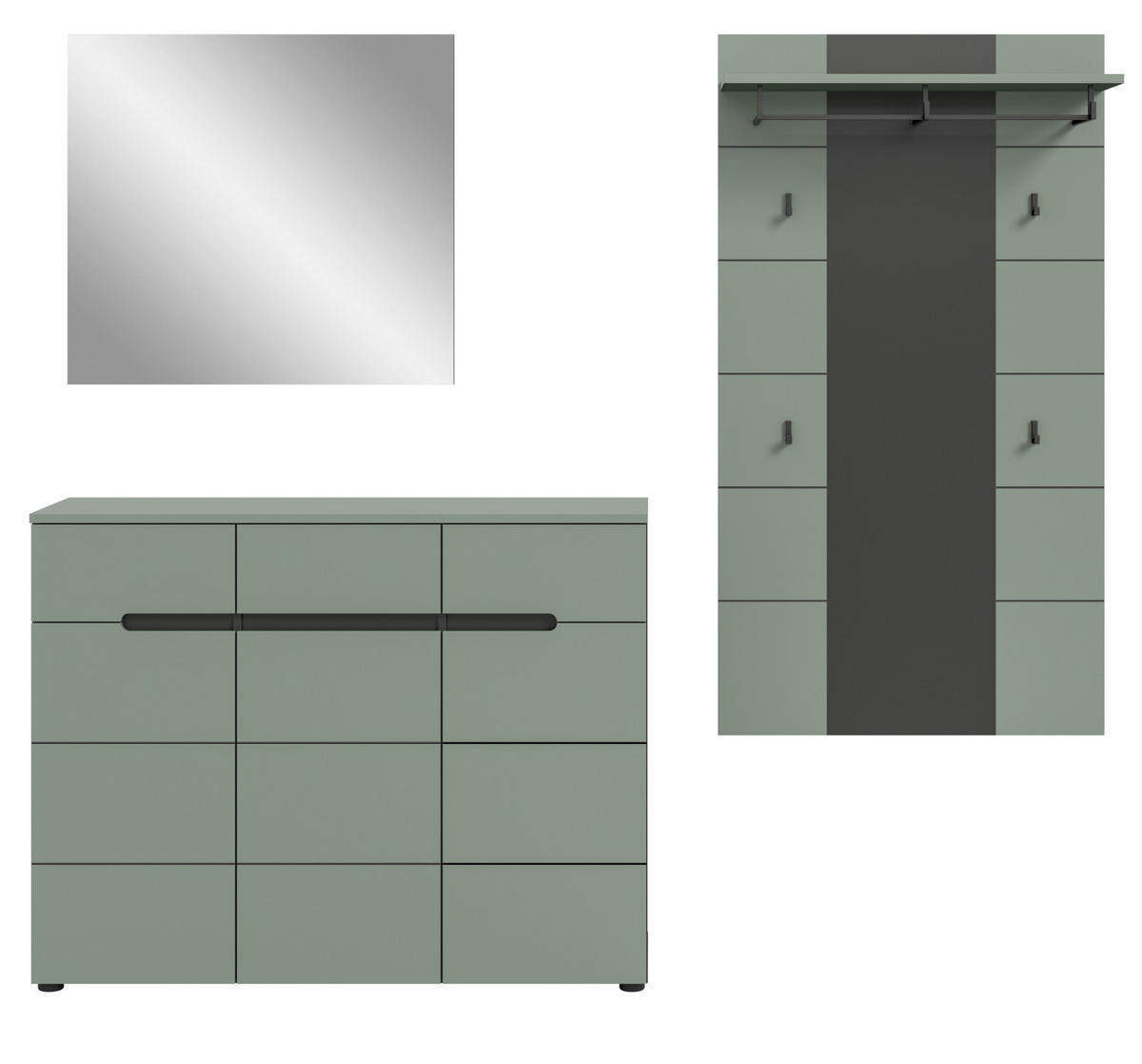 GARDEROBEN-SET 3-teilig Salbei grün, grau 215 cm, Komplettset mit Soft-Close-Funktion - Salbeigrün/Schwarz, Holzwerkstoff/Kunststoff (215/190/37cm) - Inn.Furn