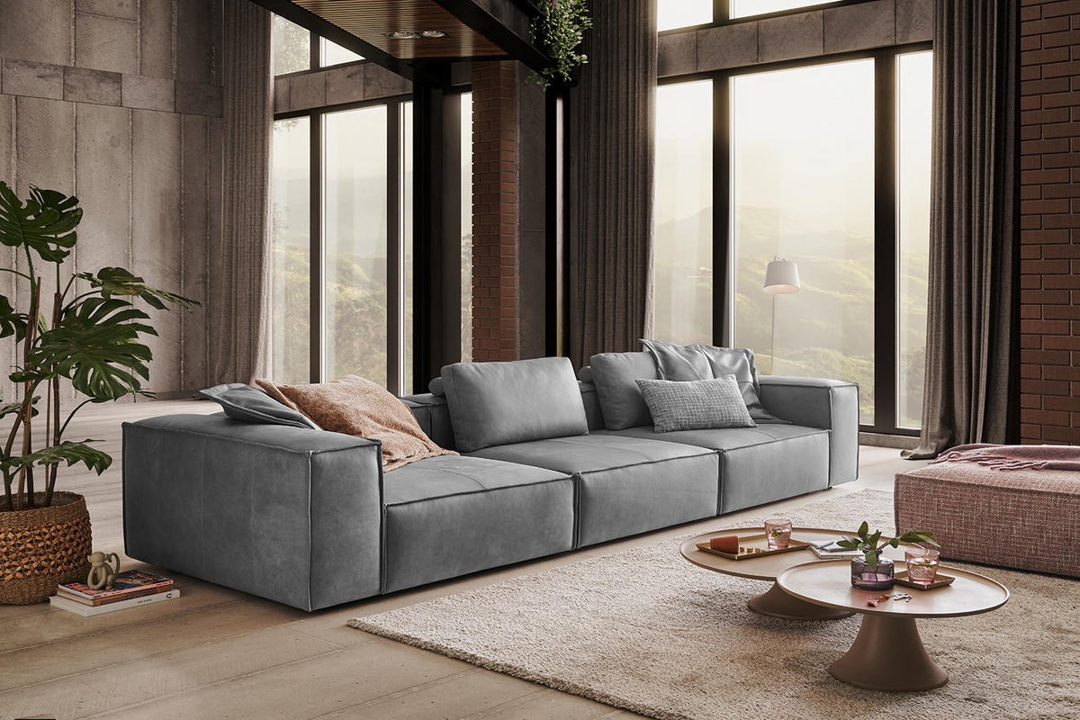 SOFA CARMO Grau Leder - Schwarz/Grau, Leder/Kunststoff (366/68/118cm) - KAWOLA