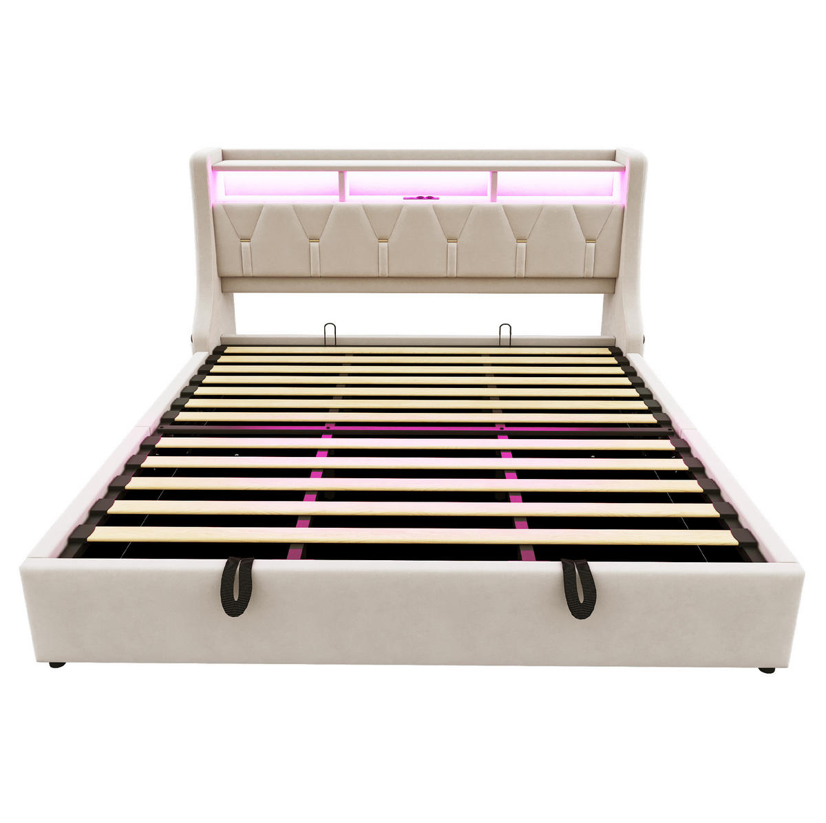 POLSTERBETT 180/200 cm Beige aus Samt mit Stauraum mit LED-Beleuchtung - Beige, Textil (180/200cm) - OKWISH