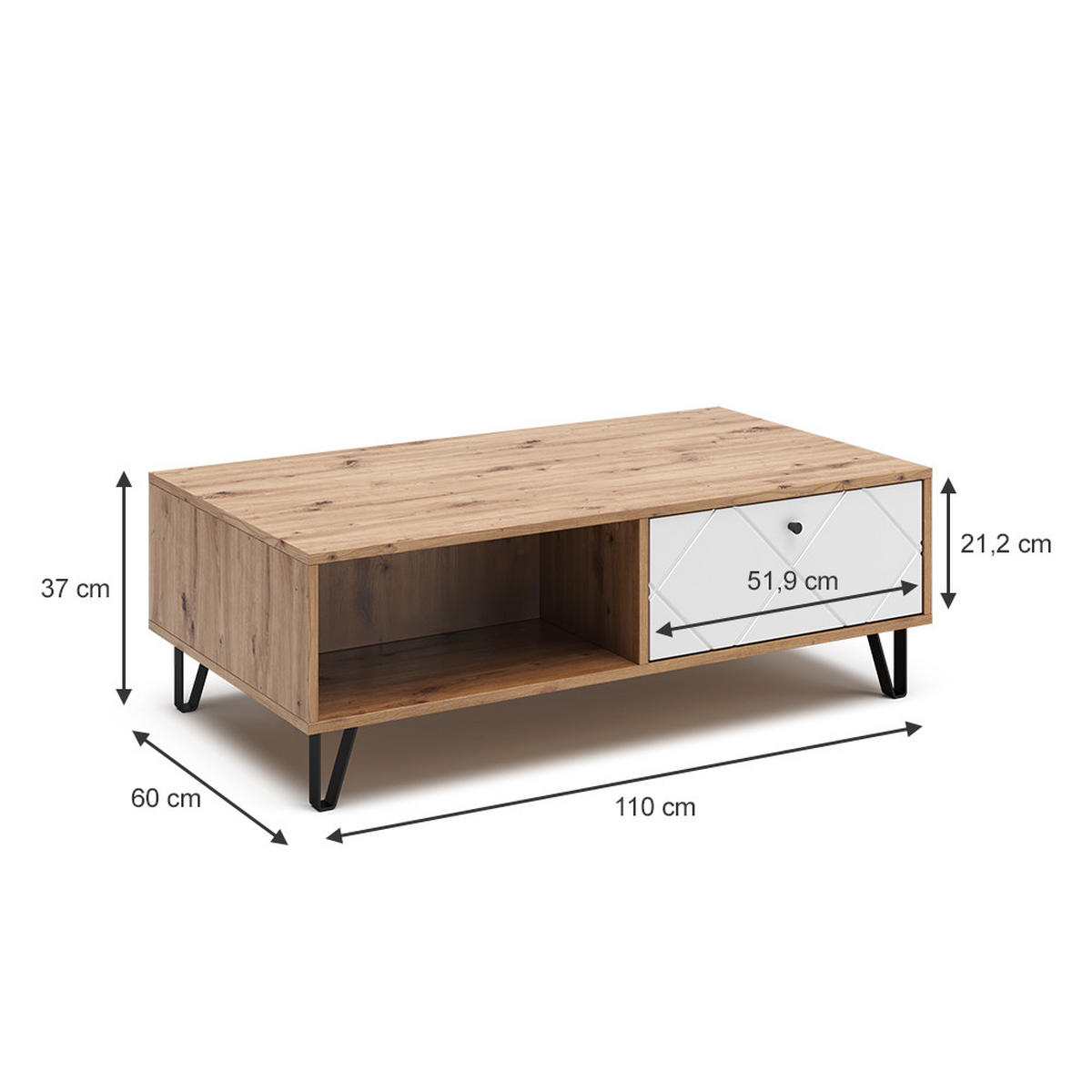 COUCHTISCH Nizza Artisan-Eiche 110 x 60 cm - Eiche Artisan/Weiß, Holzwerkstoff (60/110/37cm) - Vicco