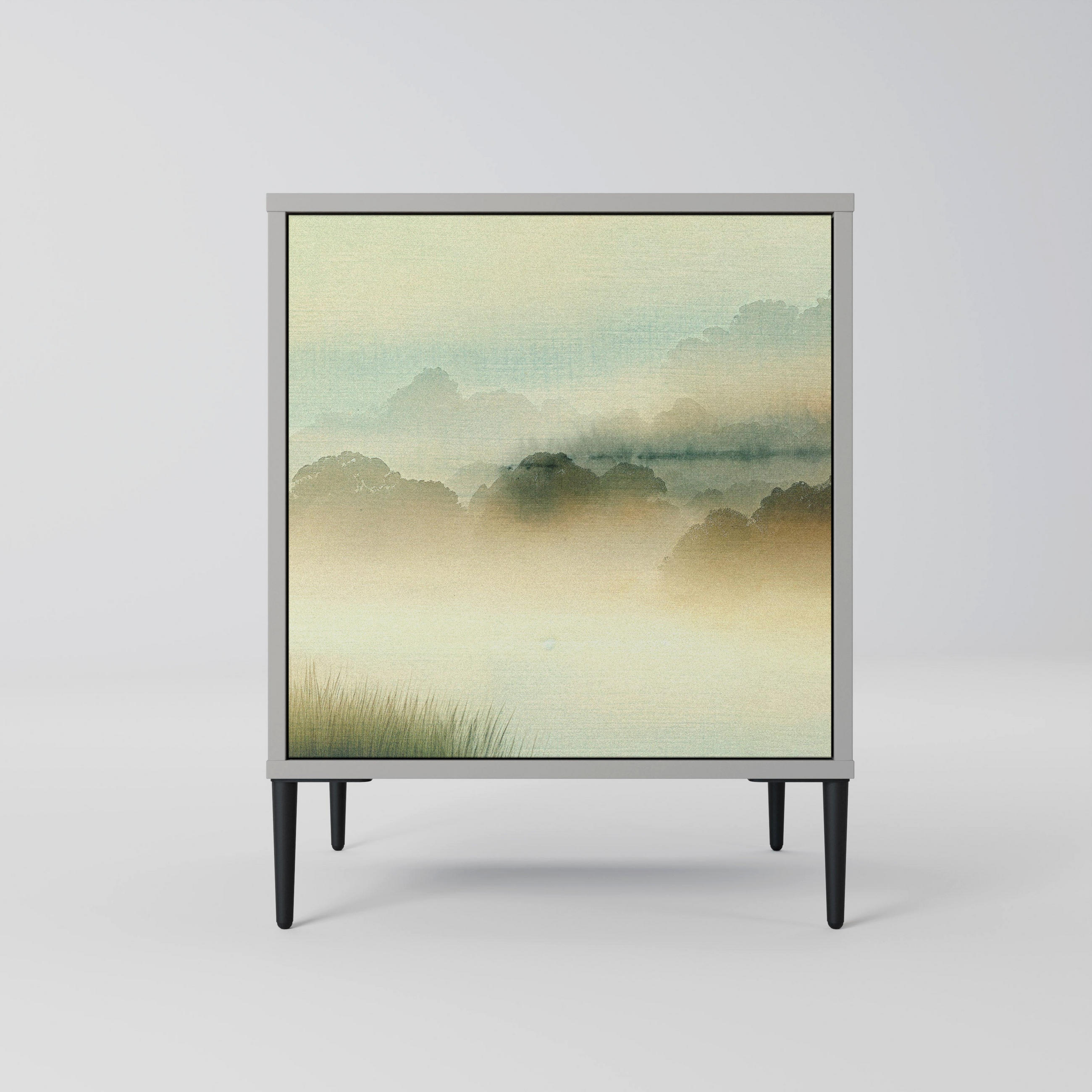 SIDEBOARD MORNING BY THE LAKE, Grau, 57,5x42x72,5 cm, Schwarze Metallfüße - Multicolor/Schwarz, Holzwerkstoff/Metall (57.5/72.5/42cm) - SpaceRebels