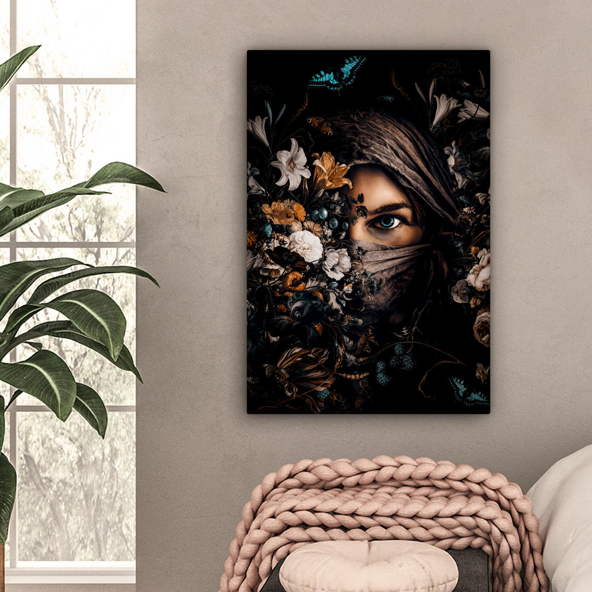 LEINWANDBILD Frau - Luxus - Blumen - Schmetterling - Porträt Wanddeko 40x60 cm - Schwarz, Textil (40/60cm) - MuchoWow