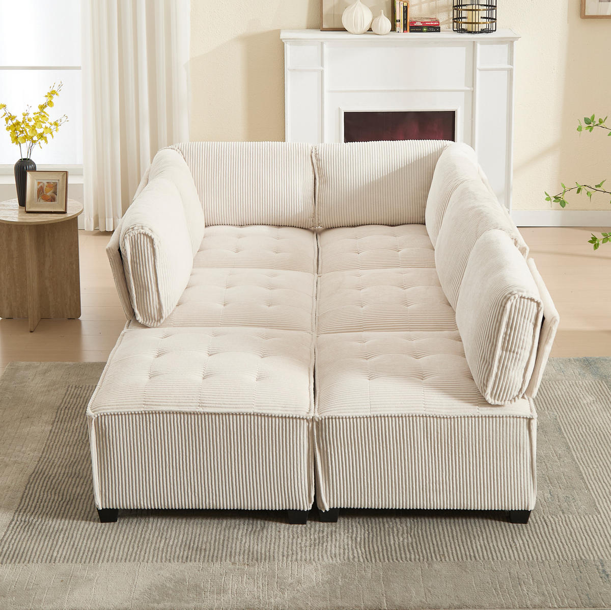 SOFA modular 308 x 154 cm Cord Beige 6-Sitzer - Beige, Kunststoff (154/82/308cm) - Meubliv