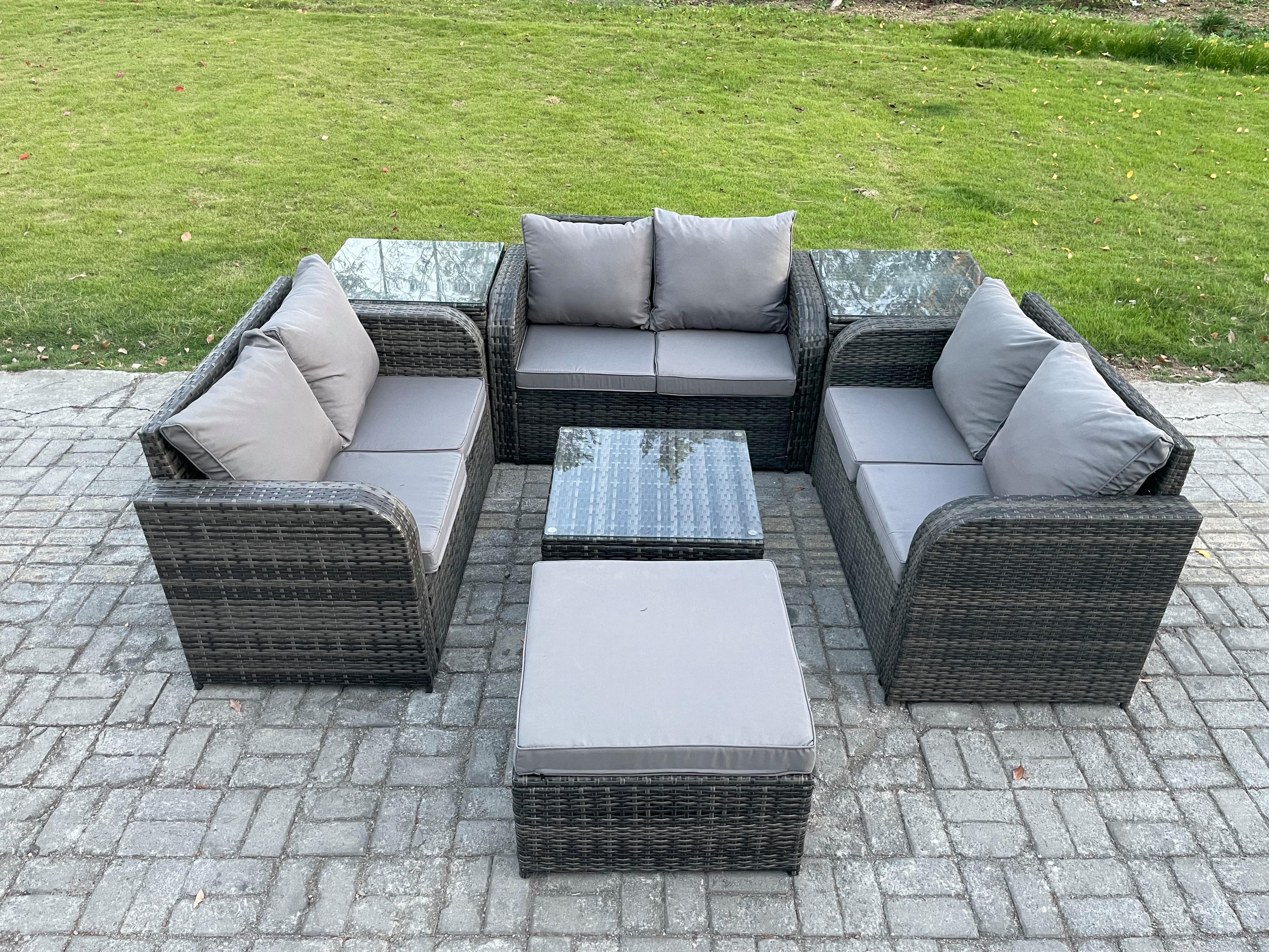 GARTENMÖBELGARNITUR Polyrattan Dunkelgrau 7-Sitzer - Dunkelgrau, Metall - Fimous