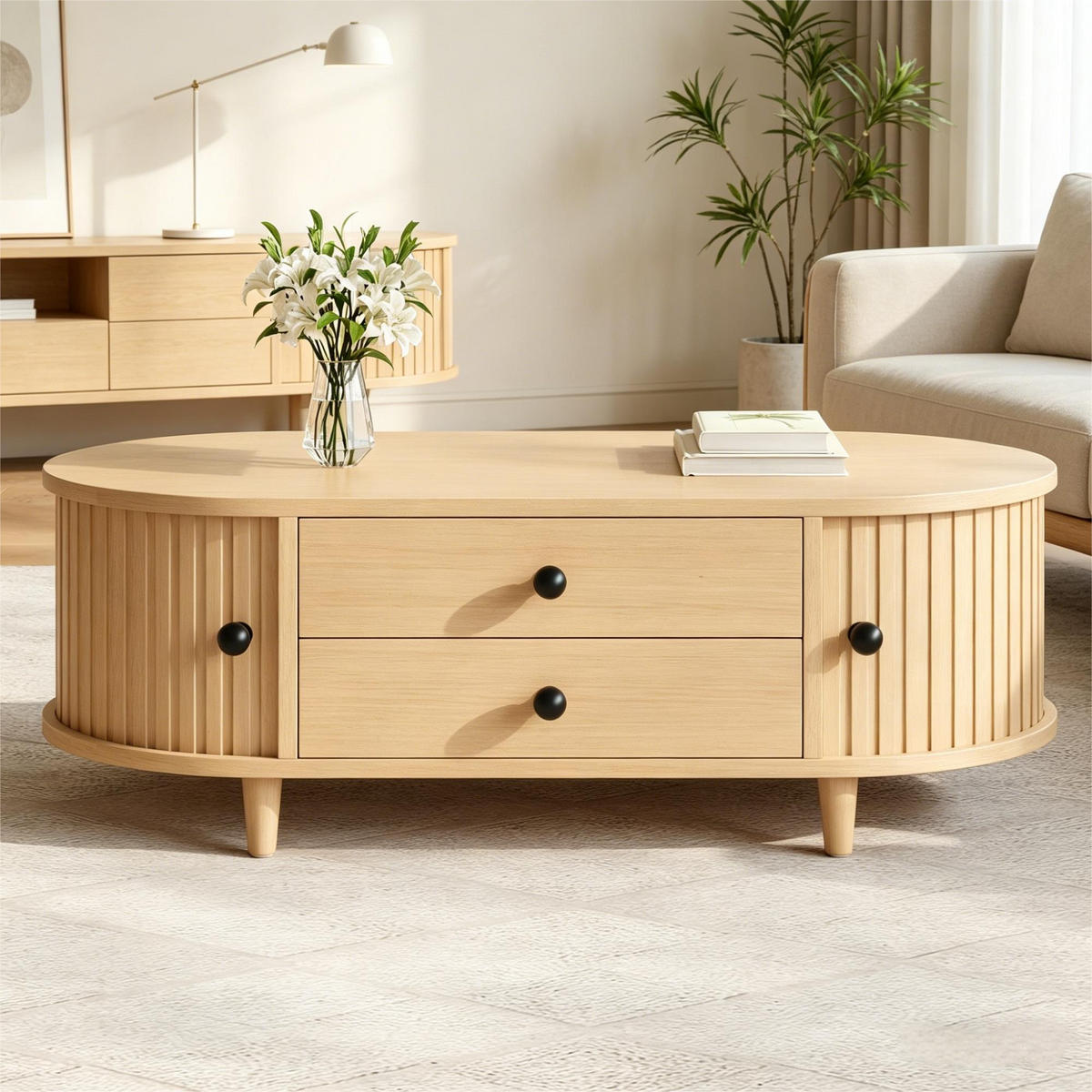 COUCHTISCH in Holzoptik Runder Kaffeetisch mit Rolltüren und Schubladen, Massivholzbeinen, 100/50/36 cm - Hellbraun, Holzwerkstoff (50/100/36cm) - STILVORA