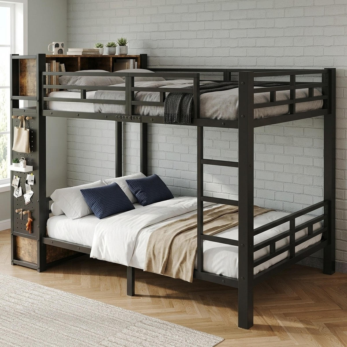 ETAGENBETT 120x200 cm in Schwarz/Dunkelnussbaum mit Stauraum und Kleiderstange - Schwarz, Metall (120/200cm) - IVMEU