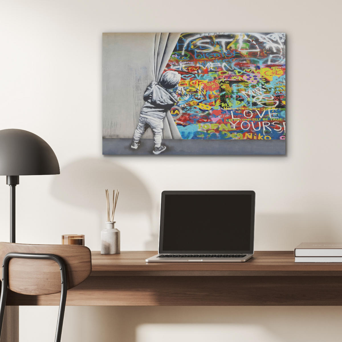 AKUSTIKBILD Graffiti - Junge - Ilussie - Straßenkunst Wanddeko 70x50 cm - Hellgrau, Kunststoff (70/50/0.9cm) - MuchoWow