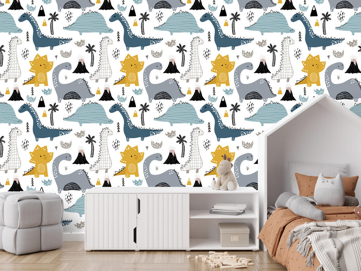VLIESTAPETE Dinosaurier und Vulkane – Blau, Gelb, Schwarz, Weiß – 50x1000 cm - Blau/Gelb, Papier (50/1000cm) - Muralo