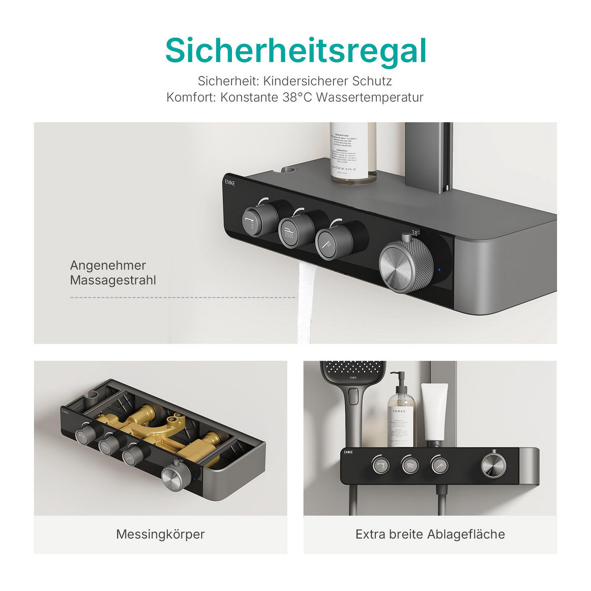 ÜBERKOPFBRAUSESET mit Dreiwege-Konstanttemperaturmischer Anthrazit Matt - Anthrazit, Metall (36/112/48.5cm) - EMKE