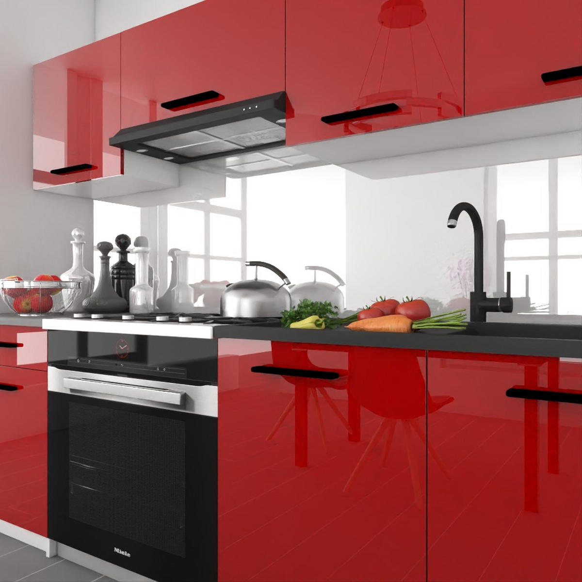 KÜCHENZEILE Italia 1 180 cm, mit Arbeitsplatten, Rot - Rot, Holz (180/143/60cm) - B BELINI GROUP
