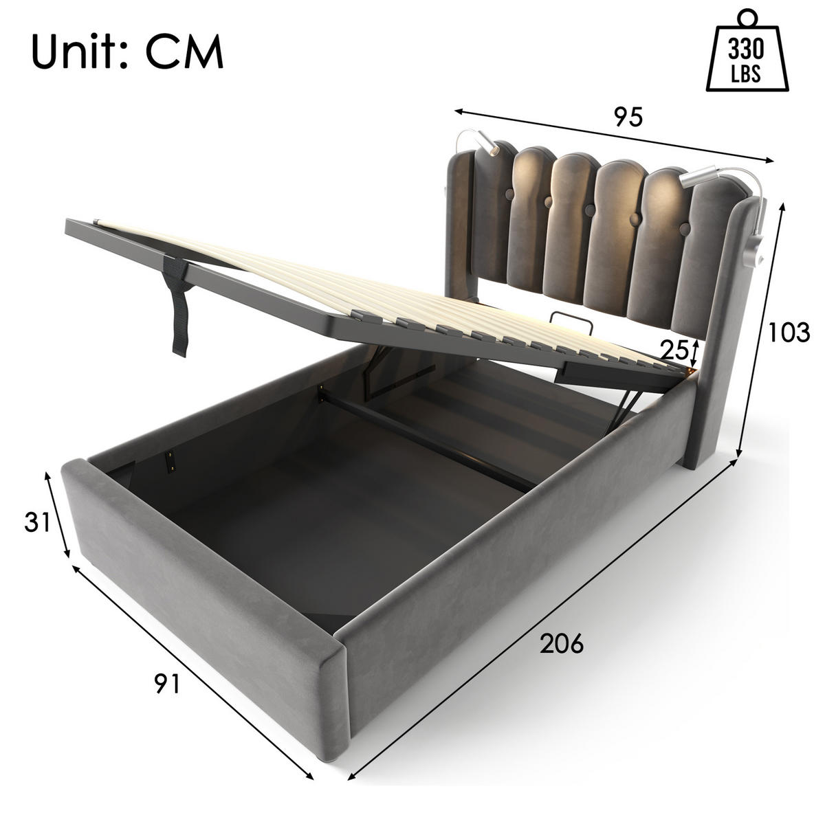 POLSTERBETT aus Samt 90x200 cm in Grau mit USB-Ladefunktion & Matratze - Grau, Textil (90/200cm) - Modfu