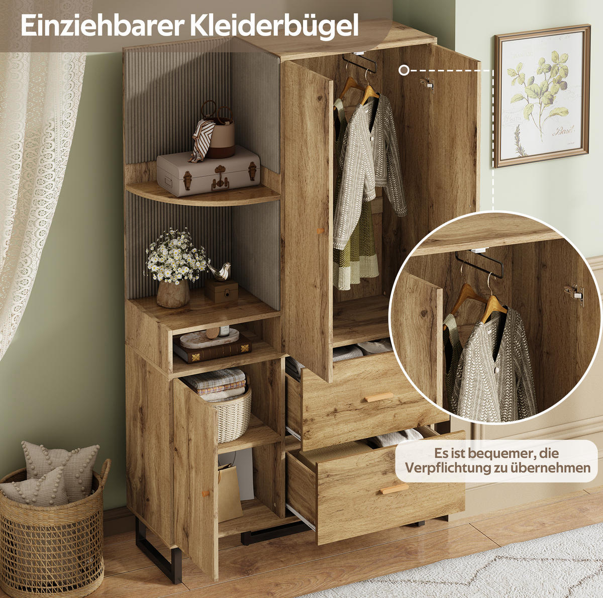 KOMPAKTGARDEROBE 110/38/186 cm aus MDF mit gepolsterten Paneelen Schwarz/Naturfarben - Naturfarben, Holzwerkstoff (110/186/38cm) - Modenvie