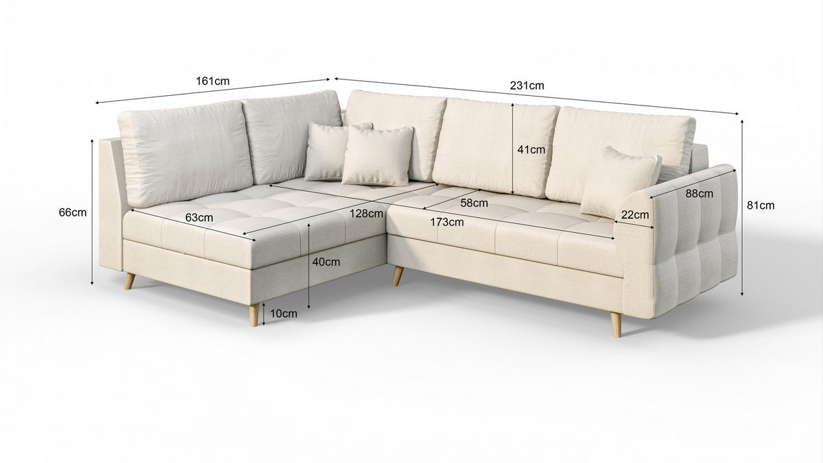 ECKSOFA MIT HOCKER Lorine Mikrofaser Ecru - Ecru/Hellbraun, Buchenholz/Textil (231/161cm) - S-Style Möbel