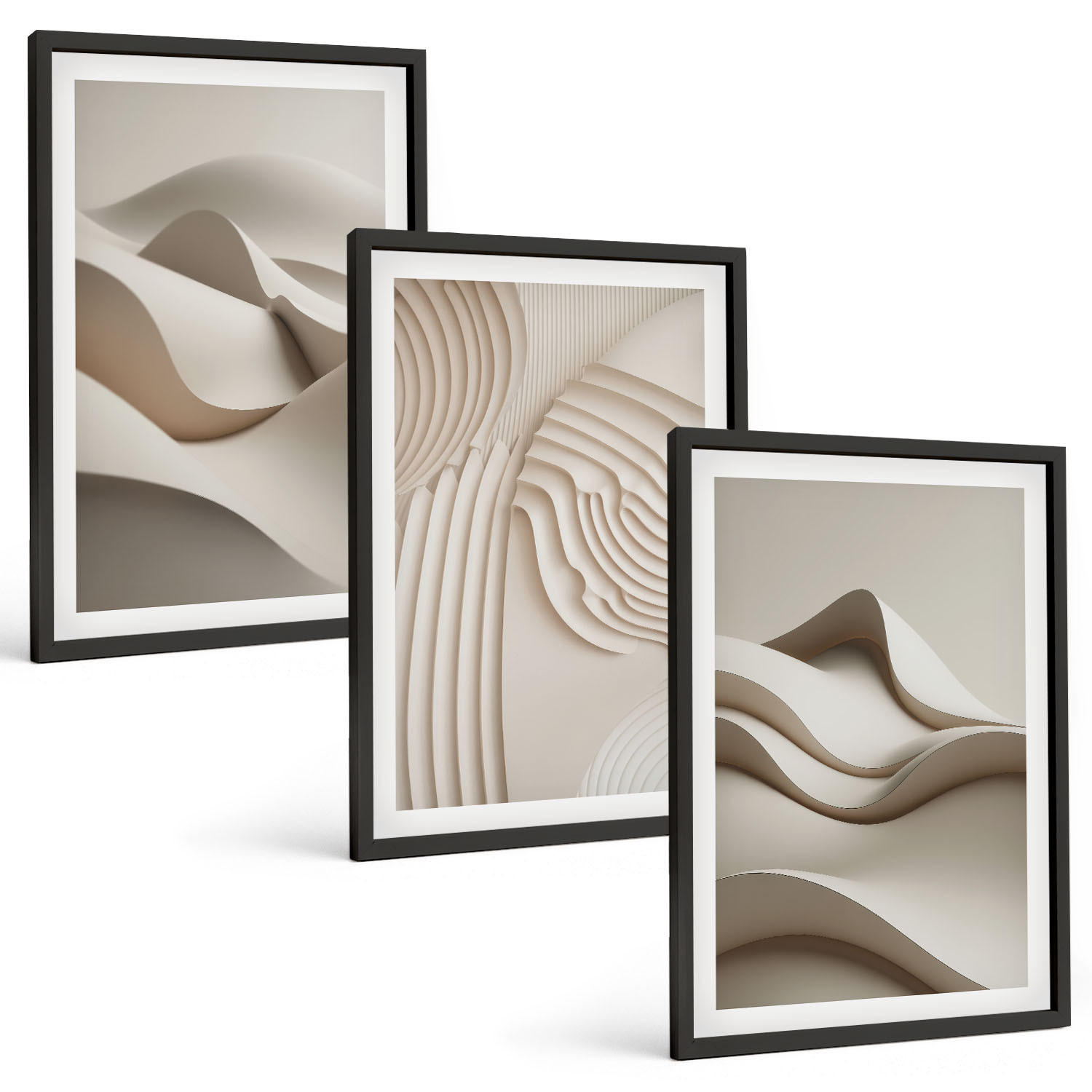 BILDER SET 3er Set - 40x60 cm Schwarzer Rahmen - Abstrakte beige Wellen - Schwarz, Kunststoff (40/60cm) - TULUP