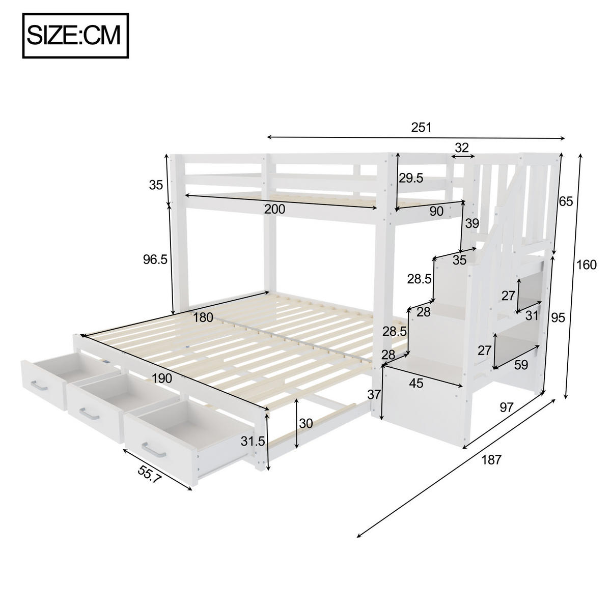 ETAGENBETT 90/200 cm mit Ausziehbett, Stauraumleiter und 3 Schubladen, Weiß/Grau - Weiß, Holzwerkstoff (90/200cm) - Redom