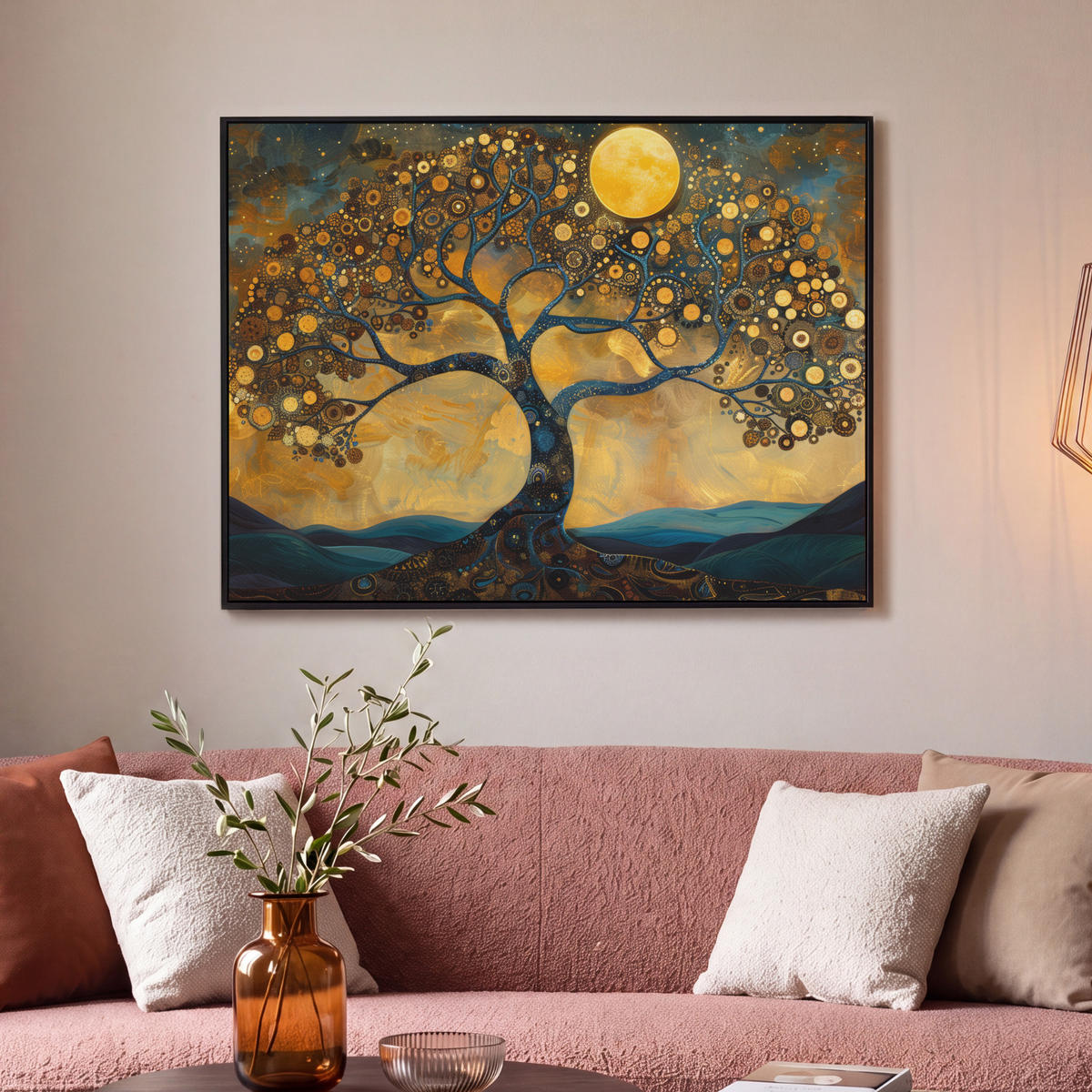 LEINWAND Bilder mit Rahmen - Baum - Mond - Blumen - Gold - Kunst - 100x70 - Orange, Textil (100/70cm) - MuchoWow