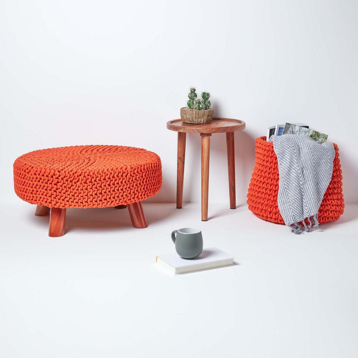 STRICK-HOCKER orange, rund 62/62/30 cm - Orange, Textil (62/30/62cm) - Homescapes