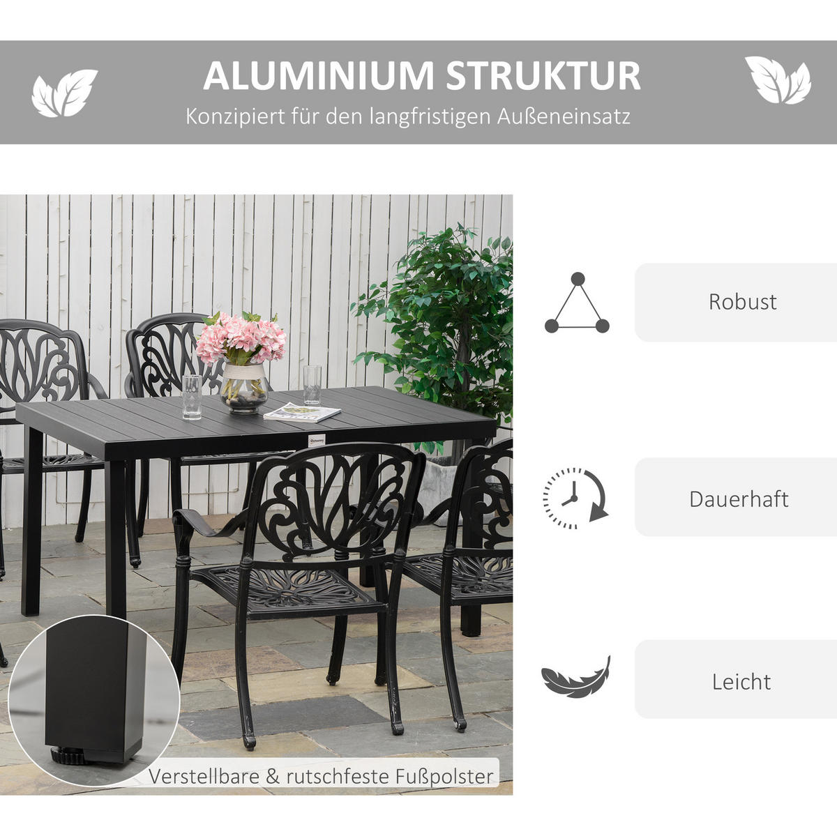 GARTENTISCH aus Aluminium 140x90x74 cm Schwarz mit Tischplatte in Holzoptik und verstellbaren Fußpolstern - Schwarz, Metall (140/90/74cm) - Modfu