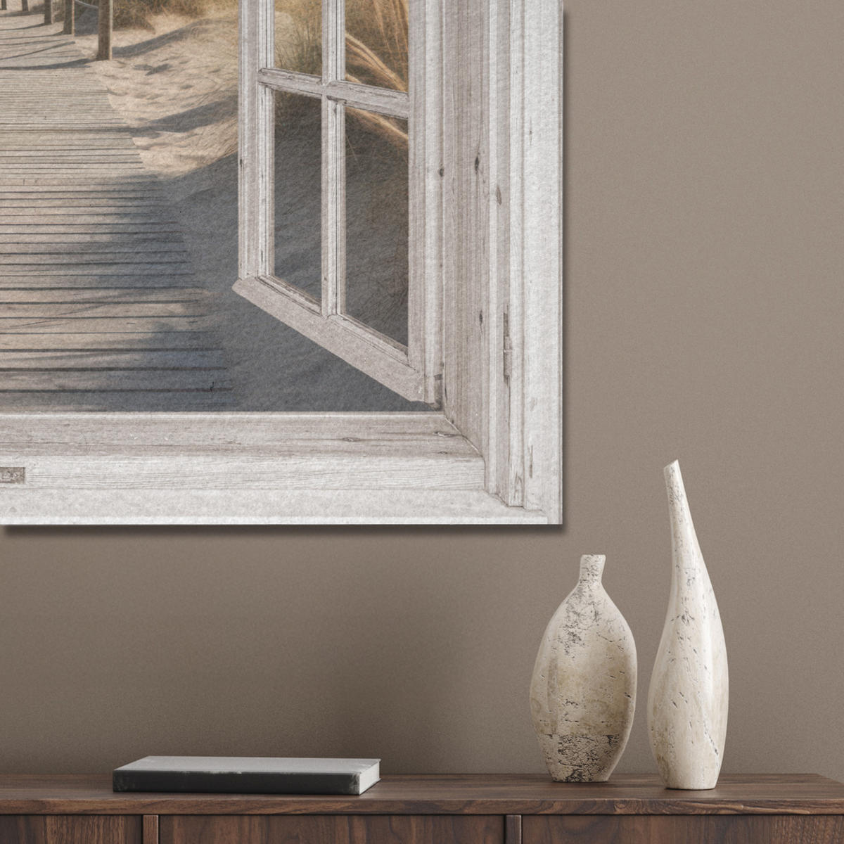 AKUSTIKBILD Fenster - Meer - Küste - Natur - Ausblick - Strand - Wattenmeer Akustikpaneele 80x80 cm - Beige, Kunststoff (80/80/0.9cm) - MuchoWow