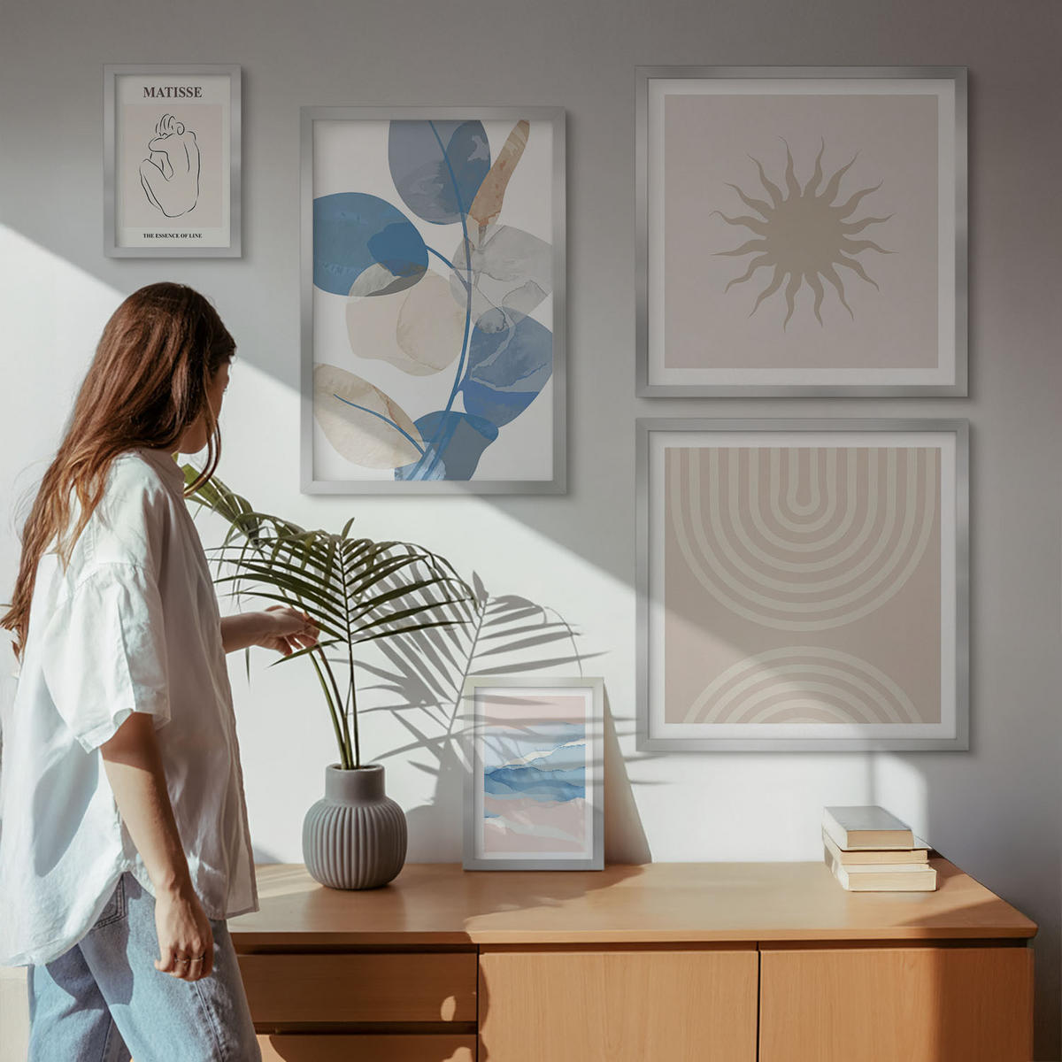 BILDER SET 5er Set - 50x50 cm & 20x30 cm & 40x60 cm Silberner Rahmen - Linien, Wellen, Pastellfarben, minimalistisch - Silberfarben, Kunststoff (40/60cm) - TULUP