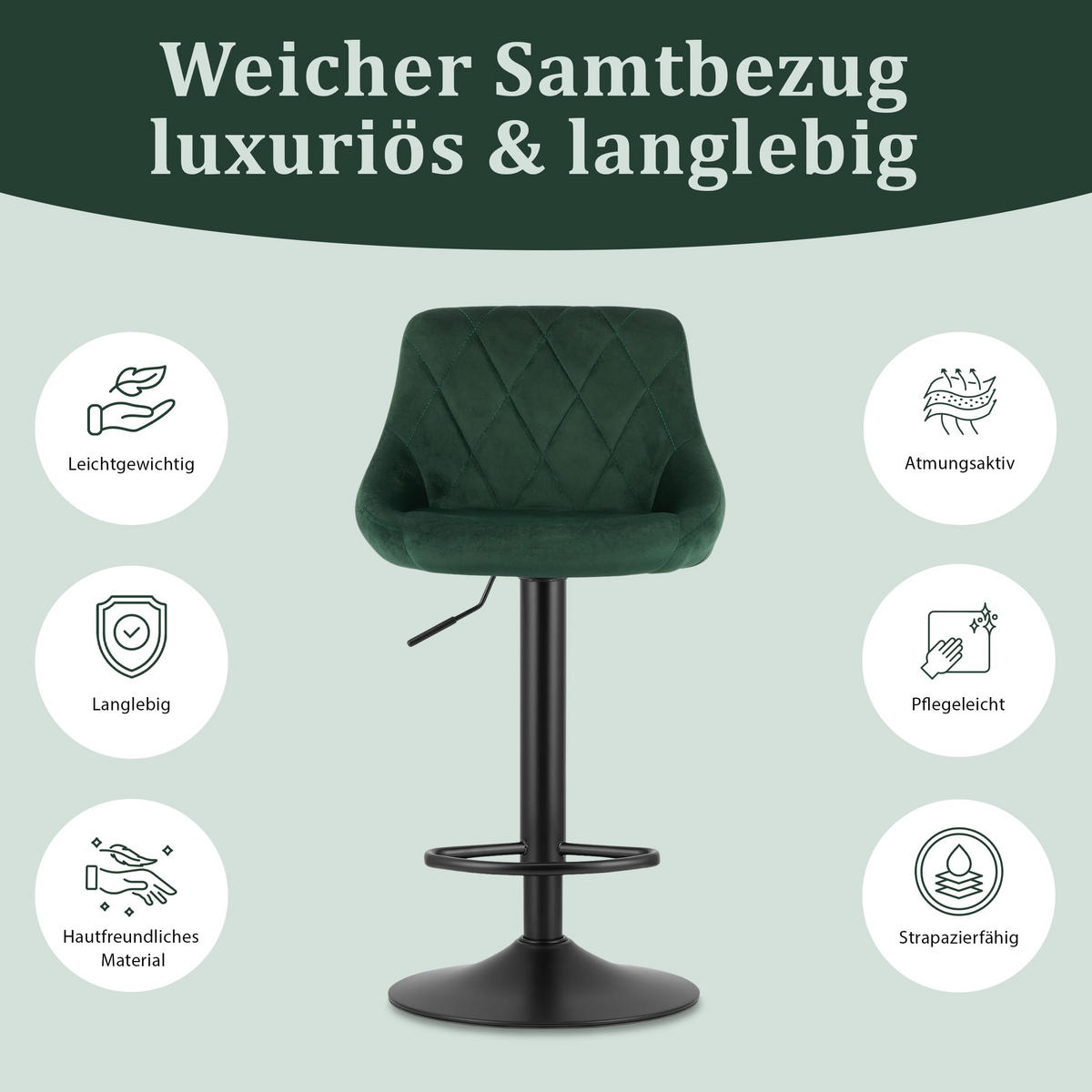 BARHOCKER, drehbar, HÖHENVERSTELLBAR, Velours, in Grau, Modernes Design - Grün, Textil (36/107/38cm) - Best For Home