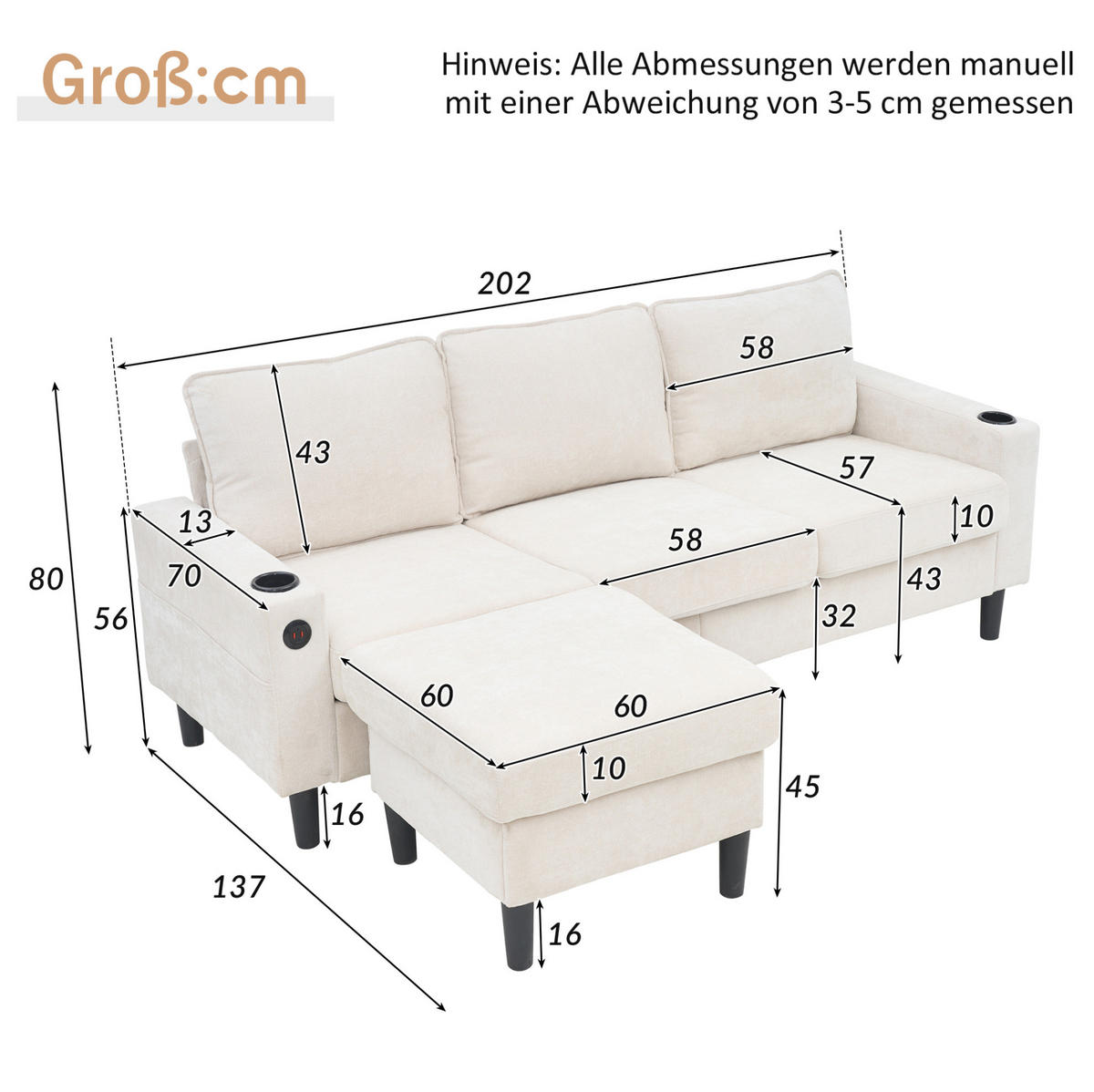 SOFA mit USB und Typ-C 202x137 cm Beige - Beige, Kunststoff (137/202cm) - Meubliv